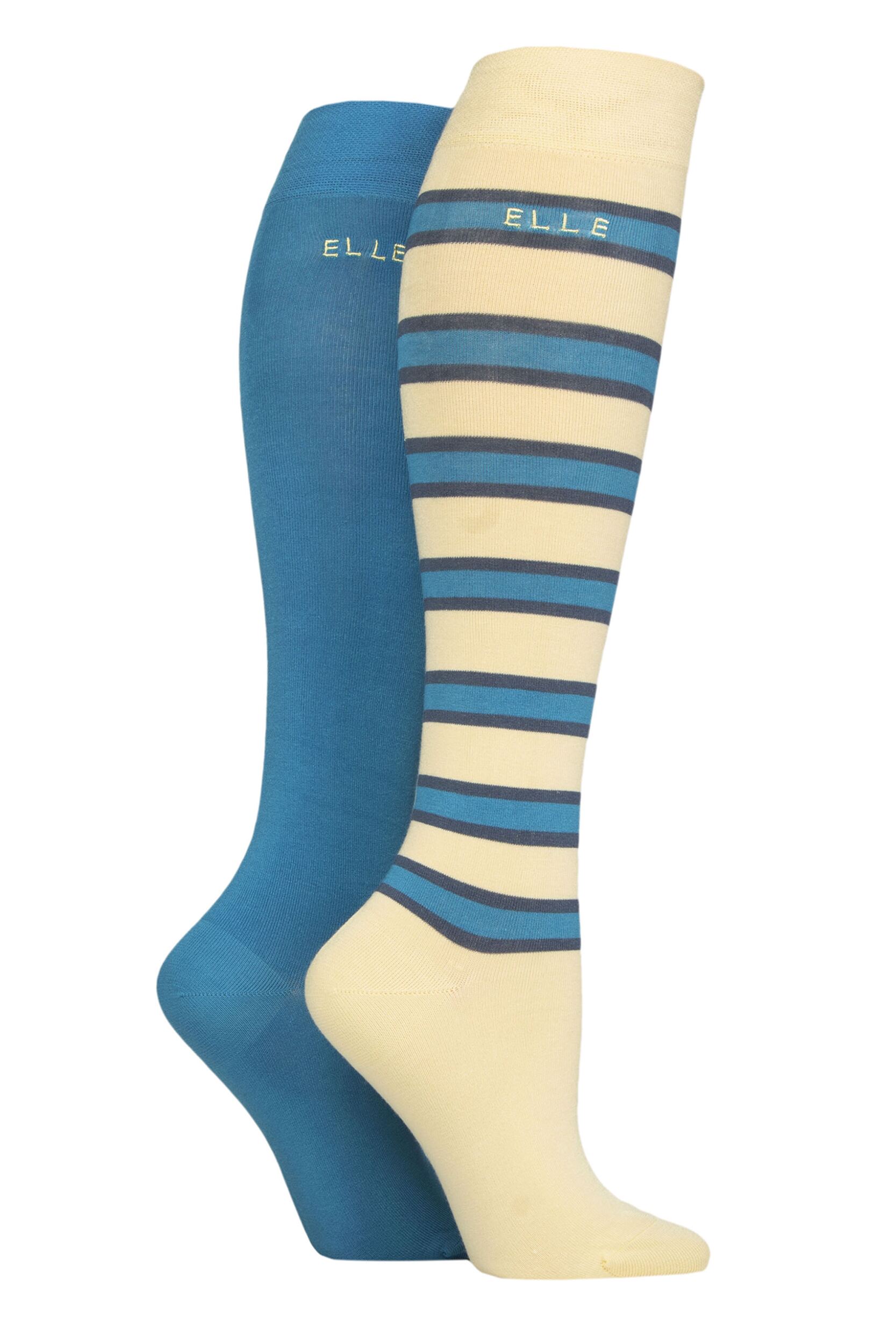 Women's 2 Pair Elle Bamboo Striped and Plain Knee High Socks Storm 4-8