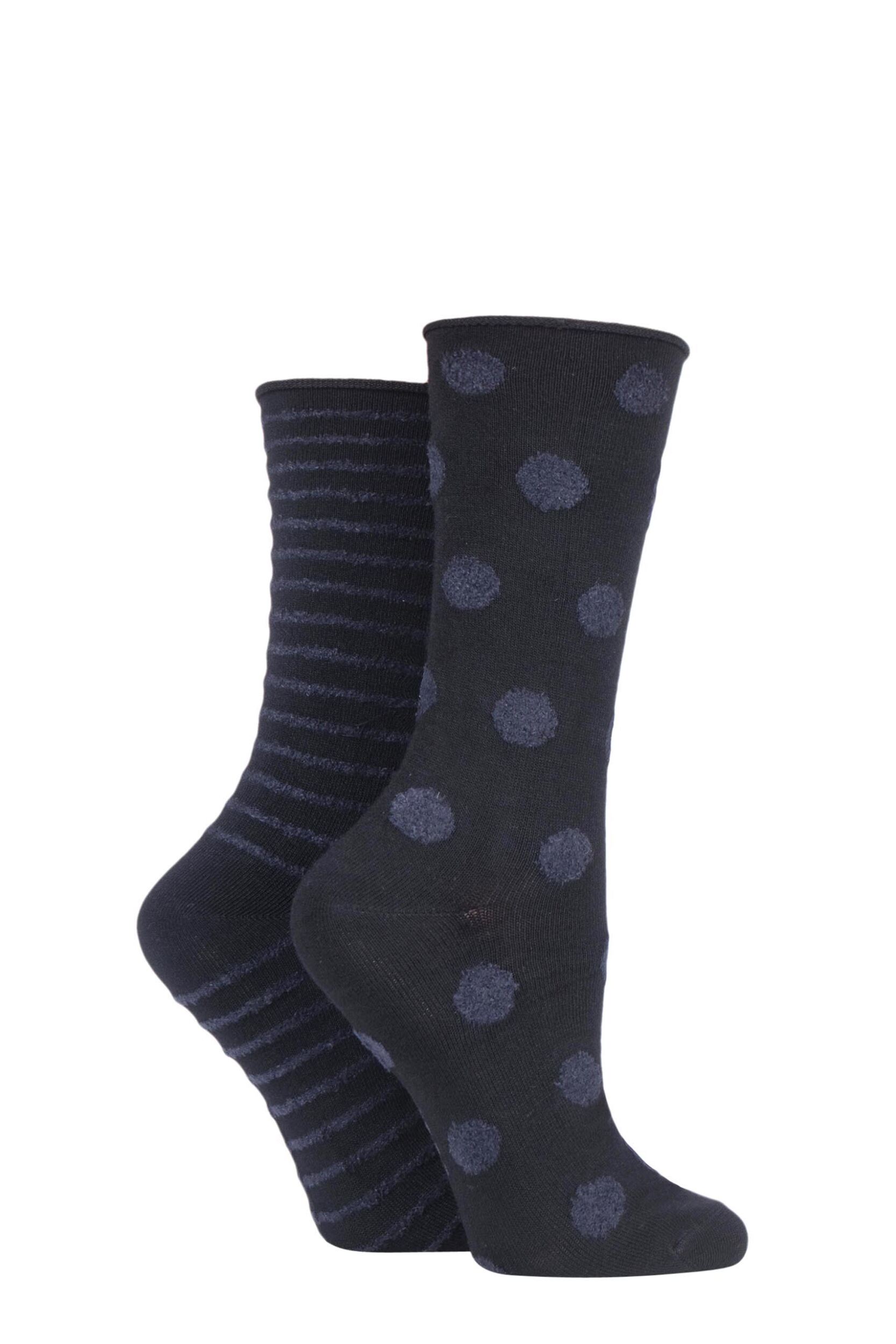 2 Pair Black Spot Bamboo Feather Striped Socks Ladies 4-8 Ladies - Elle