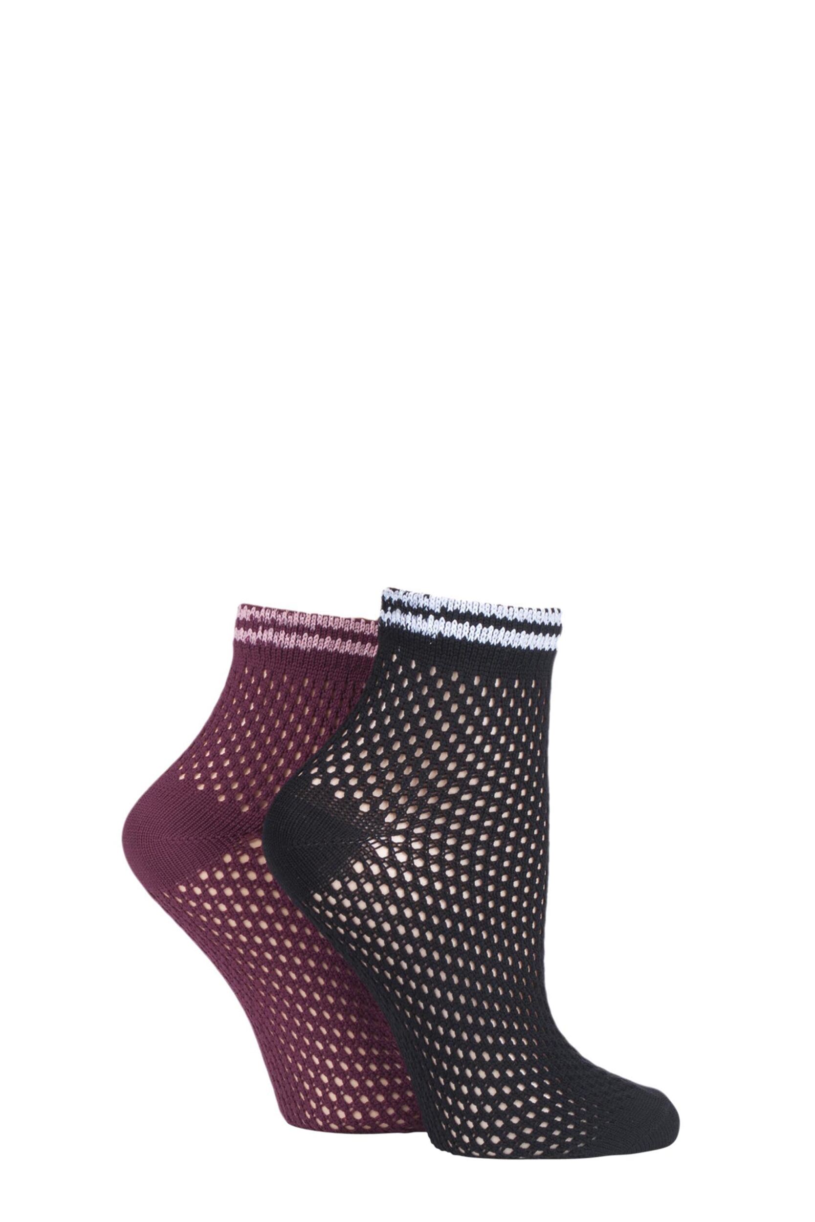 2 Pair Black / Burg Soft Net Sporty Anklet Socks Ladies 4-8 Ladies - Elle