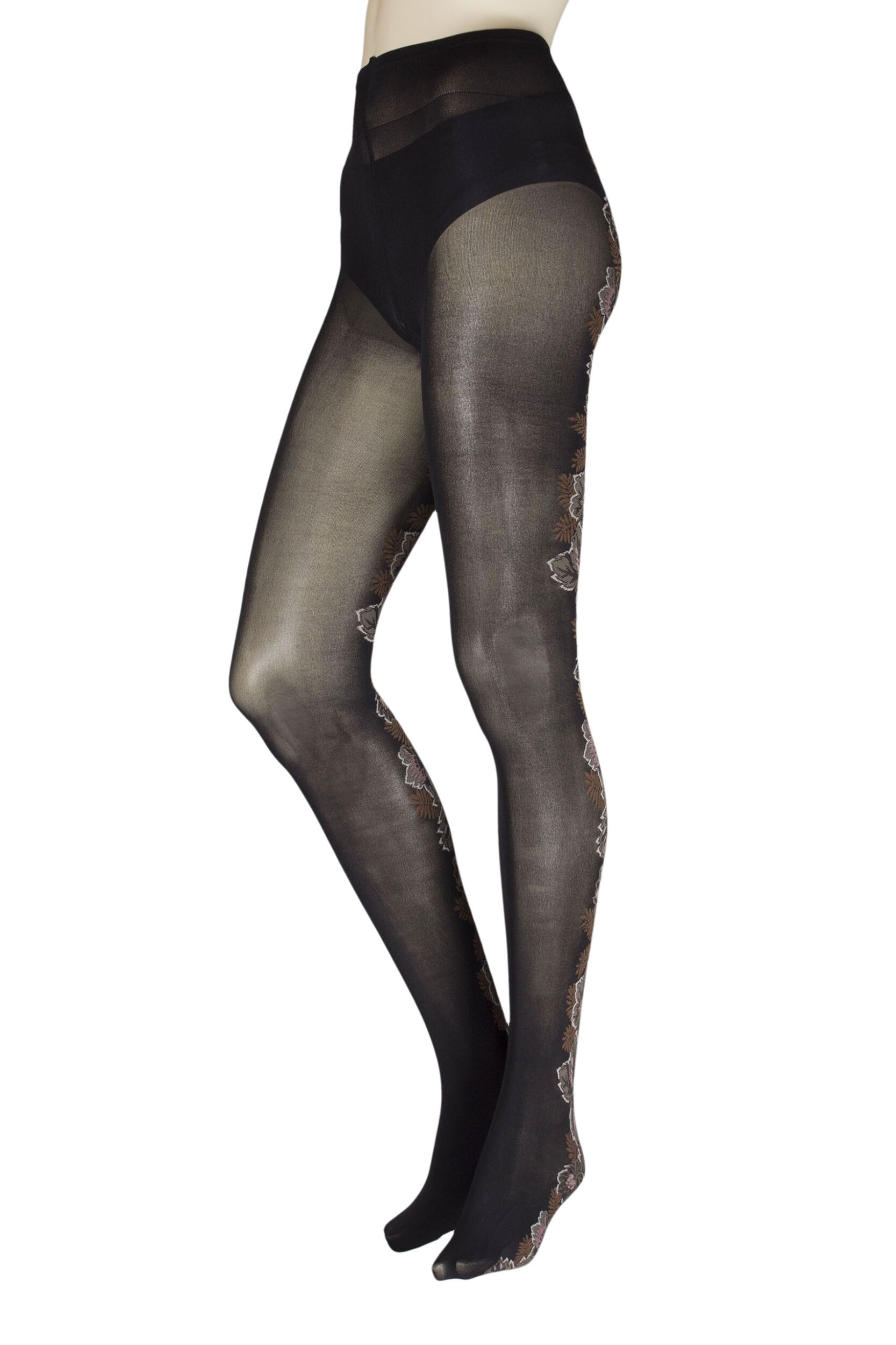 Image of Ladies  Pair Trasperenze Satiro Floral Backed Tights Brown Large