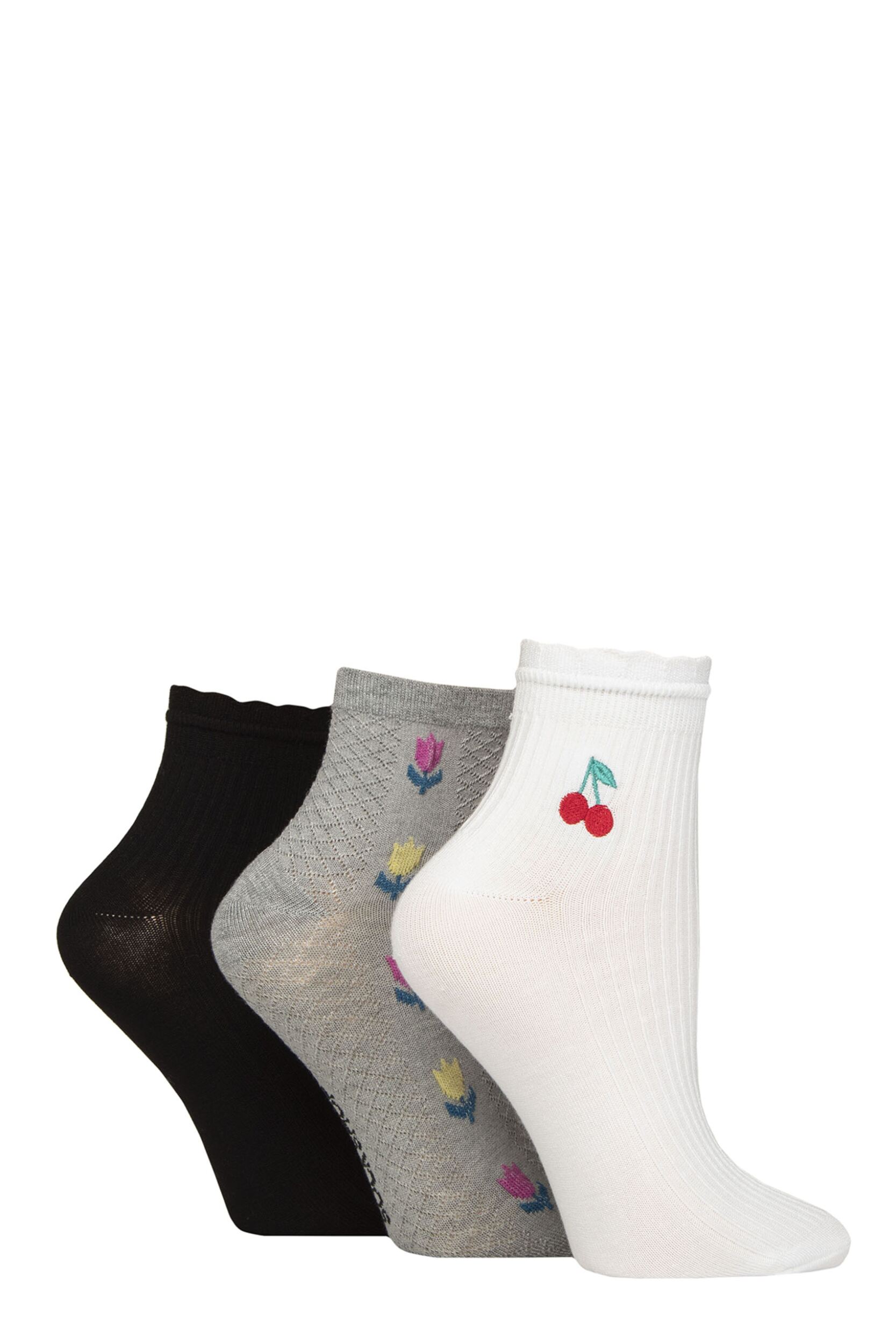 Women's 3 Pair Elle Frill Welt Ribbed Bamboo Anklet Socks Cherry Flower 4-8