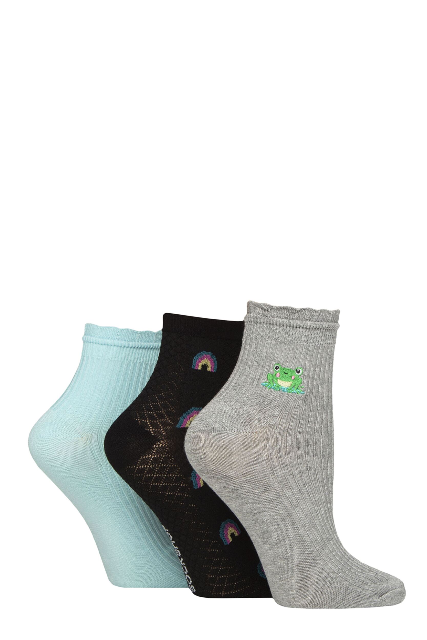Image of Women's 3 Pair Elle Frill Welt Ribbed Bamboo Anklet Socks Rainbow 4-8
