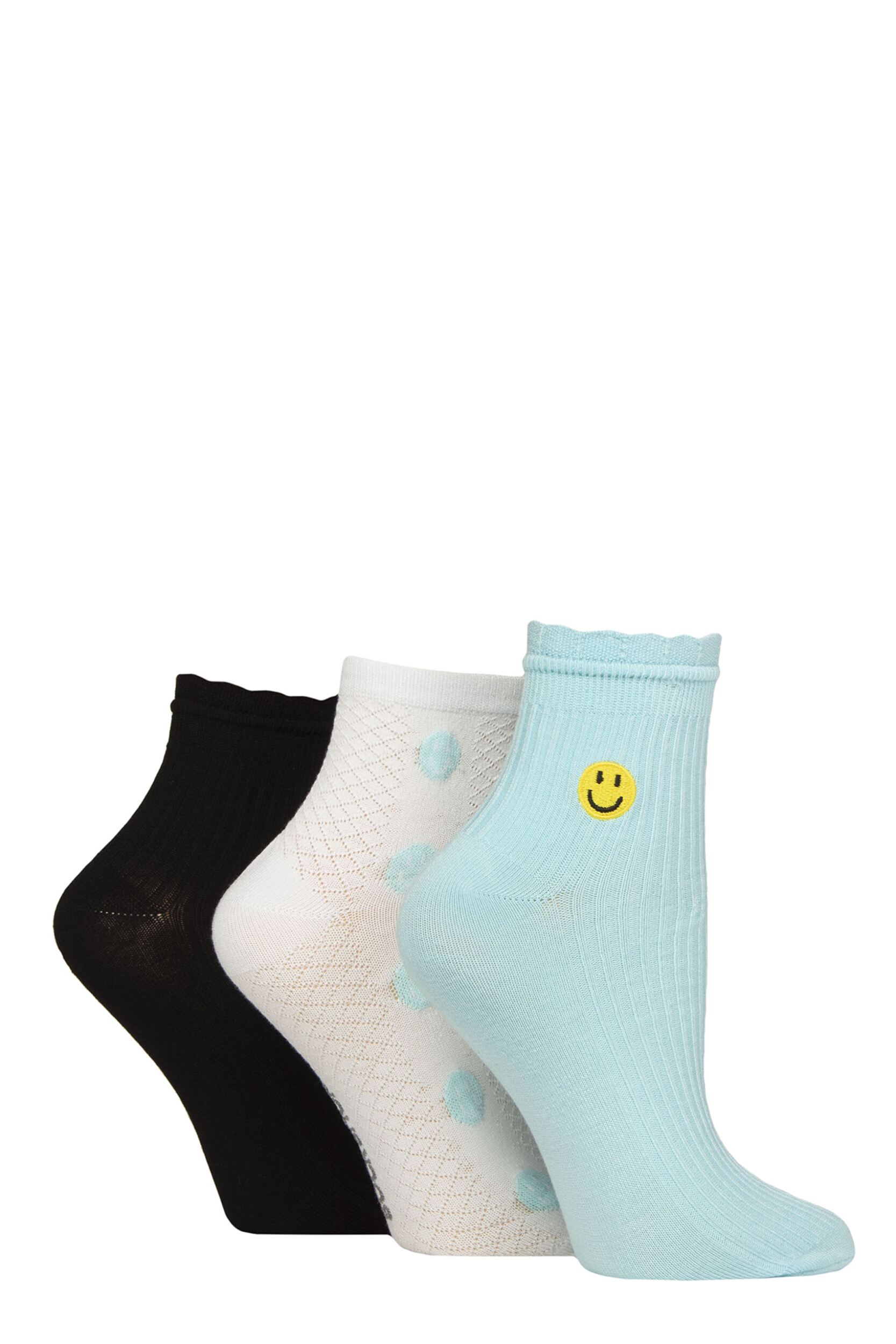 Image of Women's 3 Pair Elle Frill Welt Ribbed Bamboo Anklet Socks Smiley Face 4-8