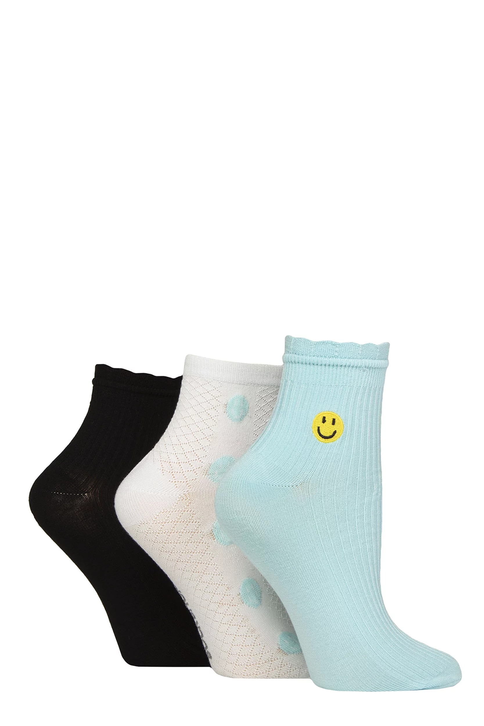 Women's 3 Pair Elle Frill Welt Ribbed Bamboo Anklet Socks Smiley Face 4