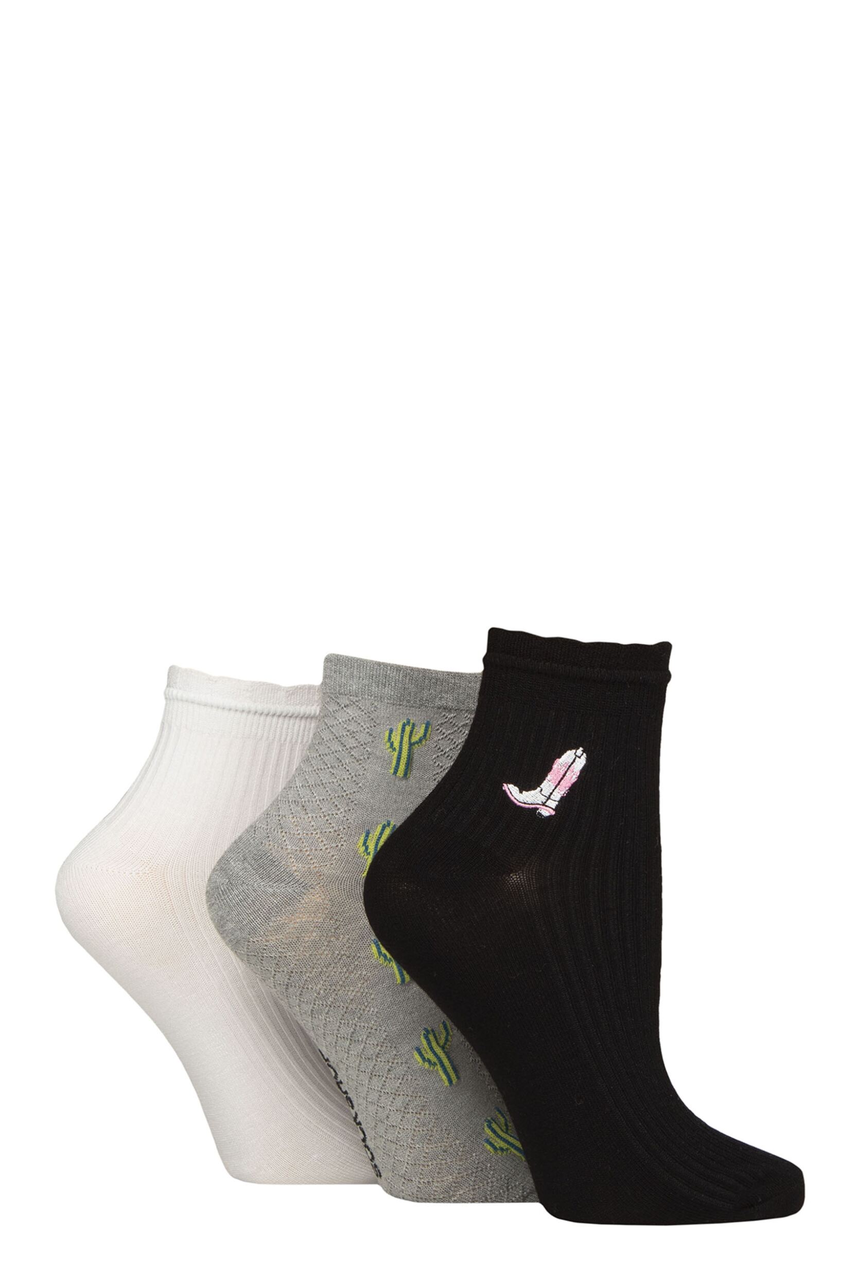 Women's 3 Pair Elle Frill Welt Ribbed Bamboo Anklet Socks Wild West 4-8