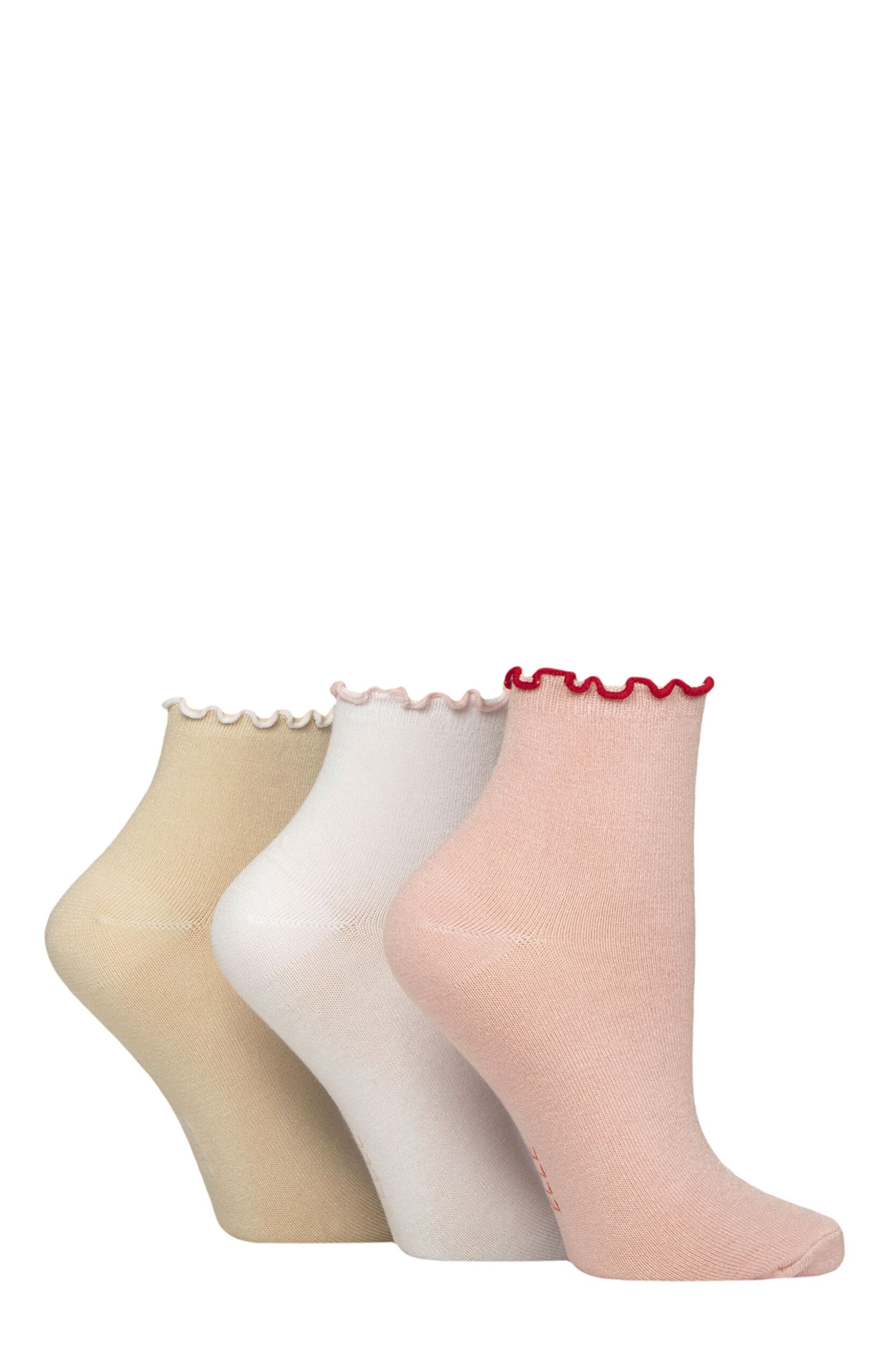 Women's 3 Pair Elle Contrast Frill Welt Bamboo Ankle Socks Parisian Rose 4-8
