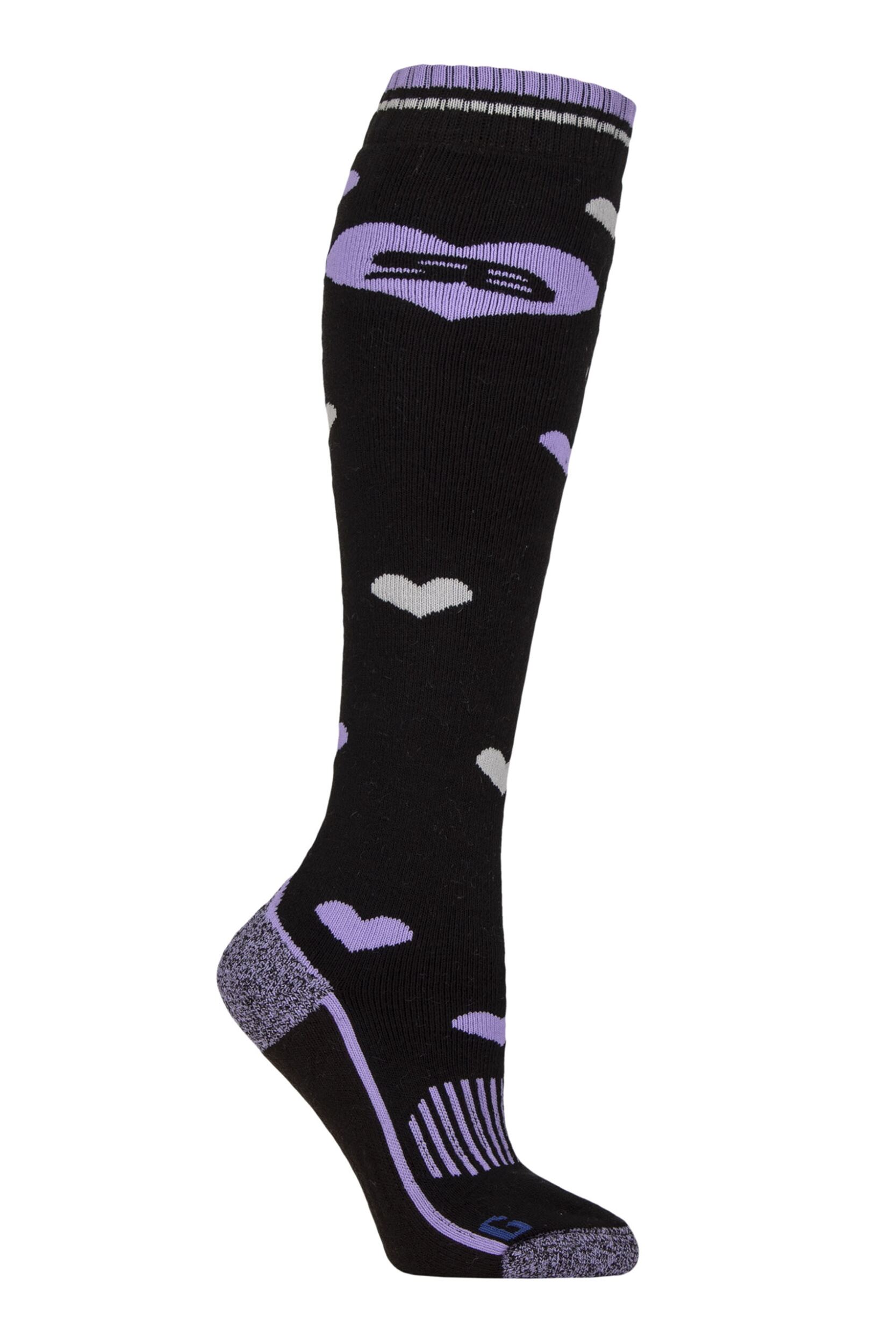 Women's 1 Pair Storm Bloc BlueGuard Patterdale Plain Patterned and Argyle Cotton Long Leg  Equestrian Socks Hearts Black / Purple 4-8