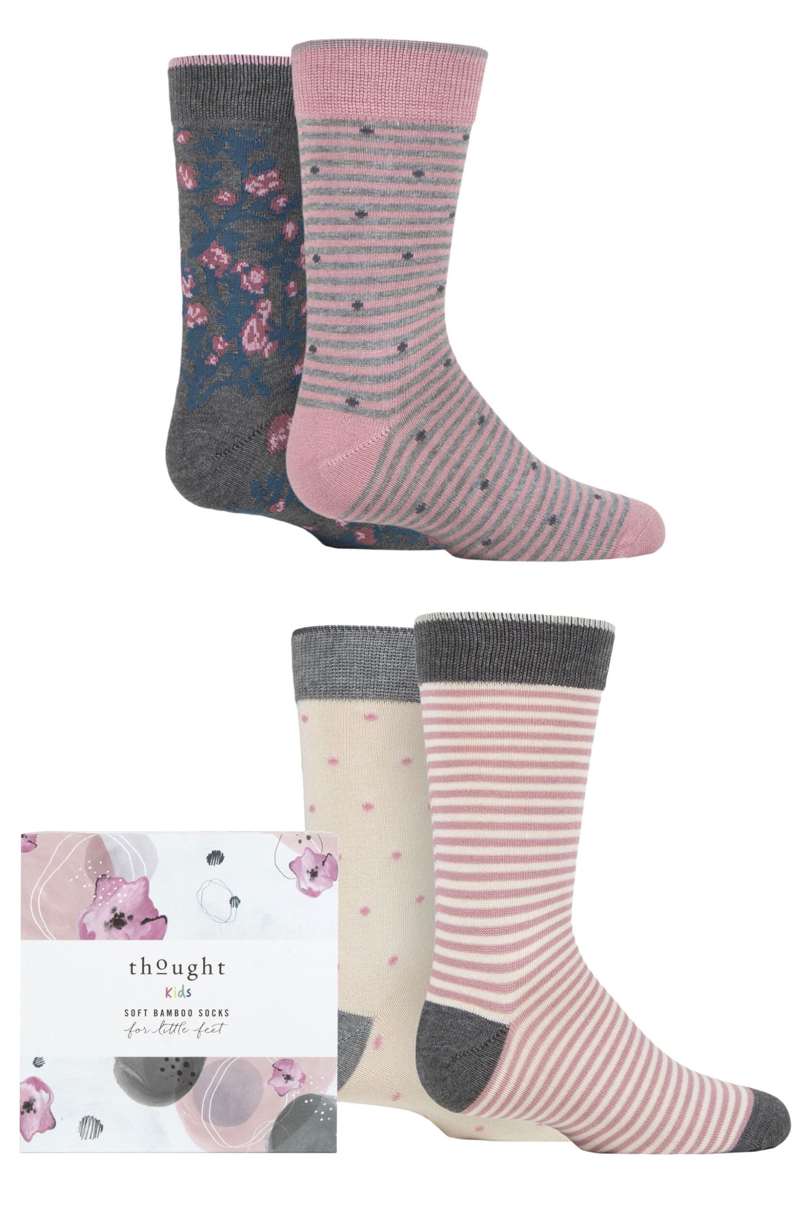 Babies and Kids 4 Pair Thought Rose Bamboo and Organic Cotton Gift Boxed Socks Assorted 0-12 Months