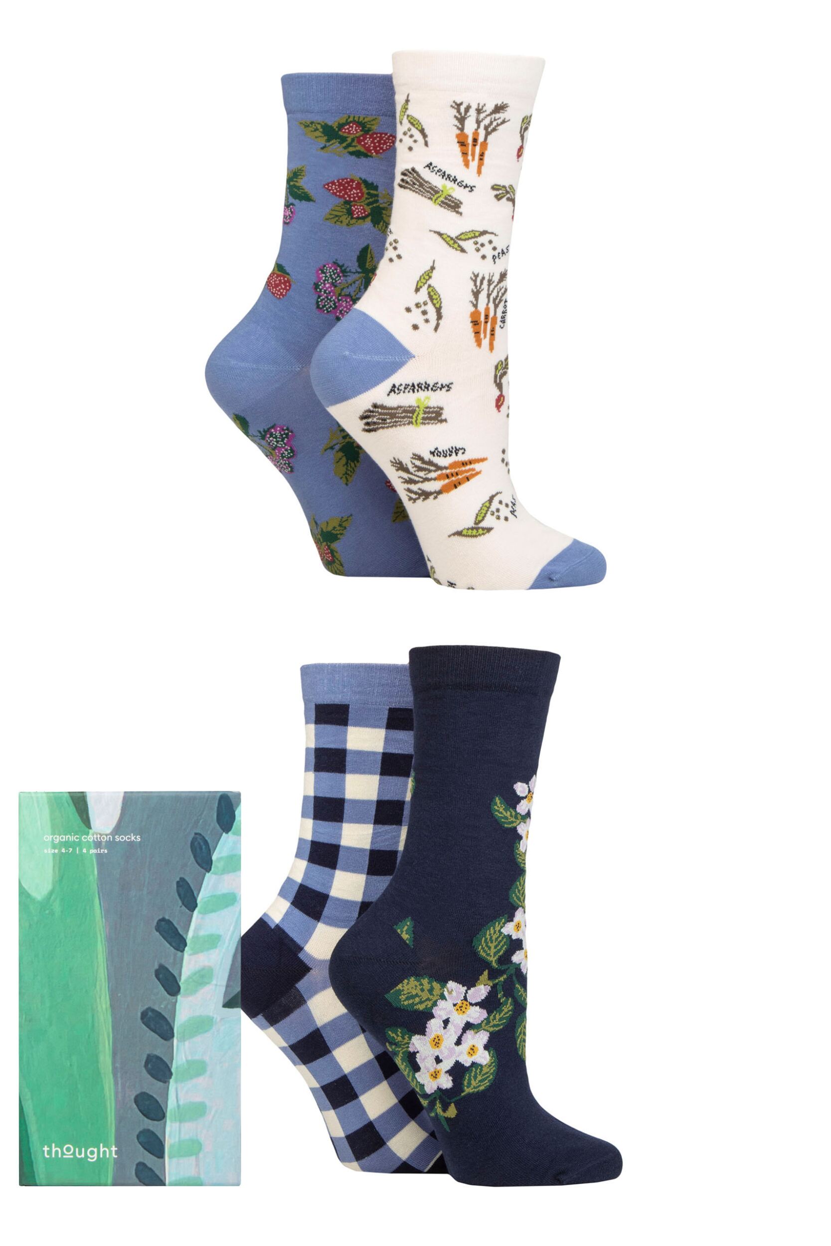 Women's 4 Pair Thought Granger Organic Cotton Gardening Gift Boxed Socks Multi 4-7