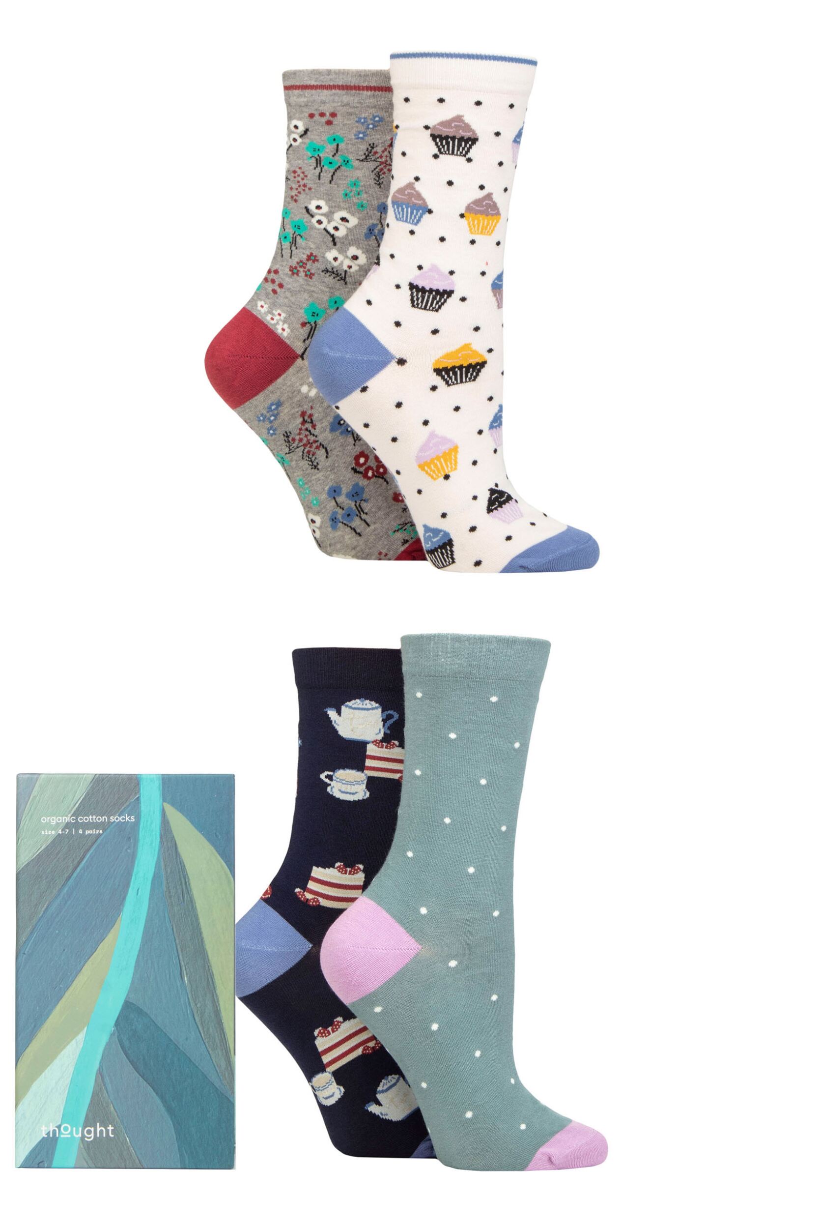 Women's 4 Pair Thought Fiona Organic Cotton Afternoon Tea Gift Boxed Socks Multi 4-7