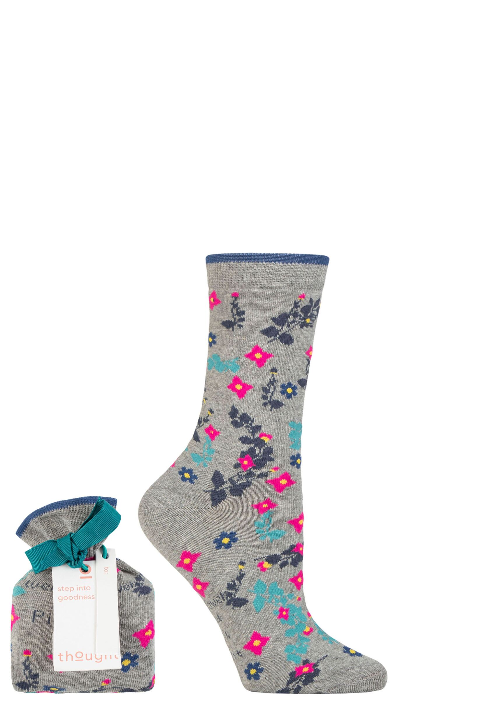 Women's 1 Pair Thought Viola Floral Organic Cotton Gift Bagged Socks Grey Marle 4-7