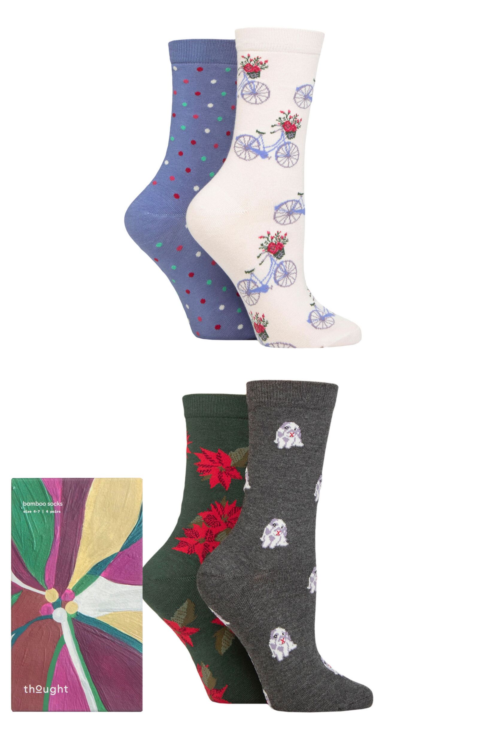 Women's 4 Pair Thought Poinsettia Christmas Bike Bamboo Gift Boxed Socks Multi 4-7