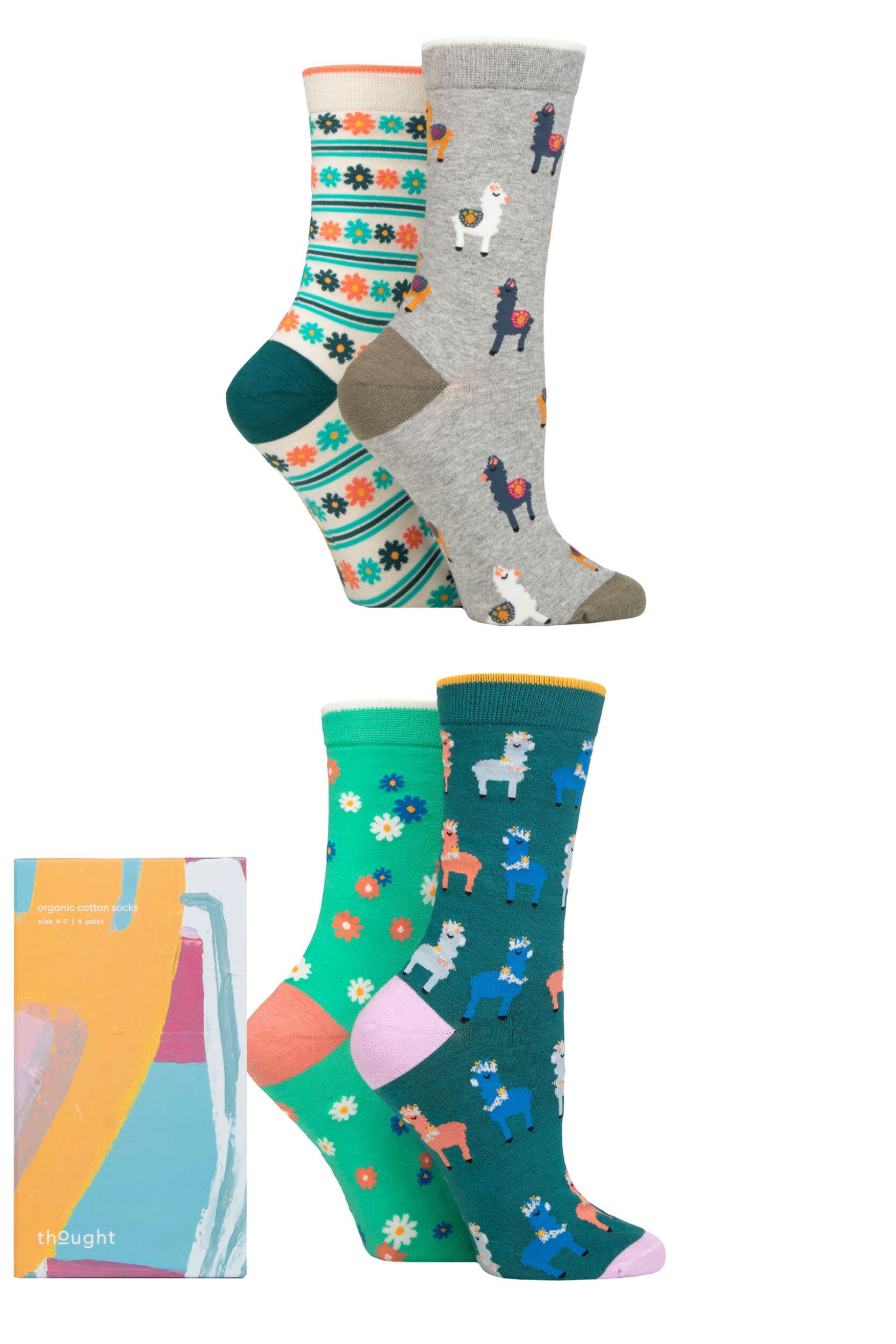Women's 4 Pair Thought Organic Cotton Llama Gift Boxed Socks Assorted 4-7 Ladies