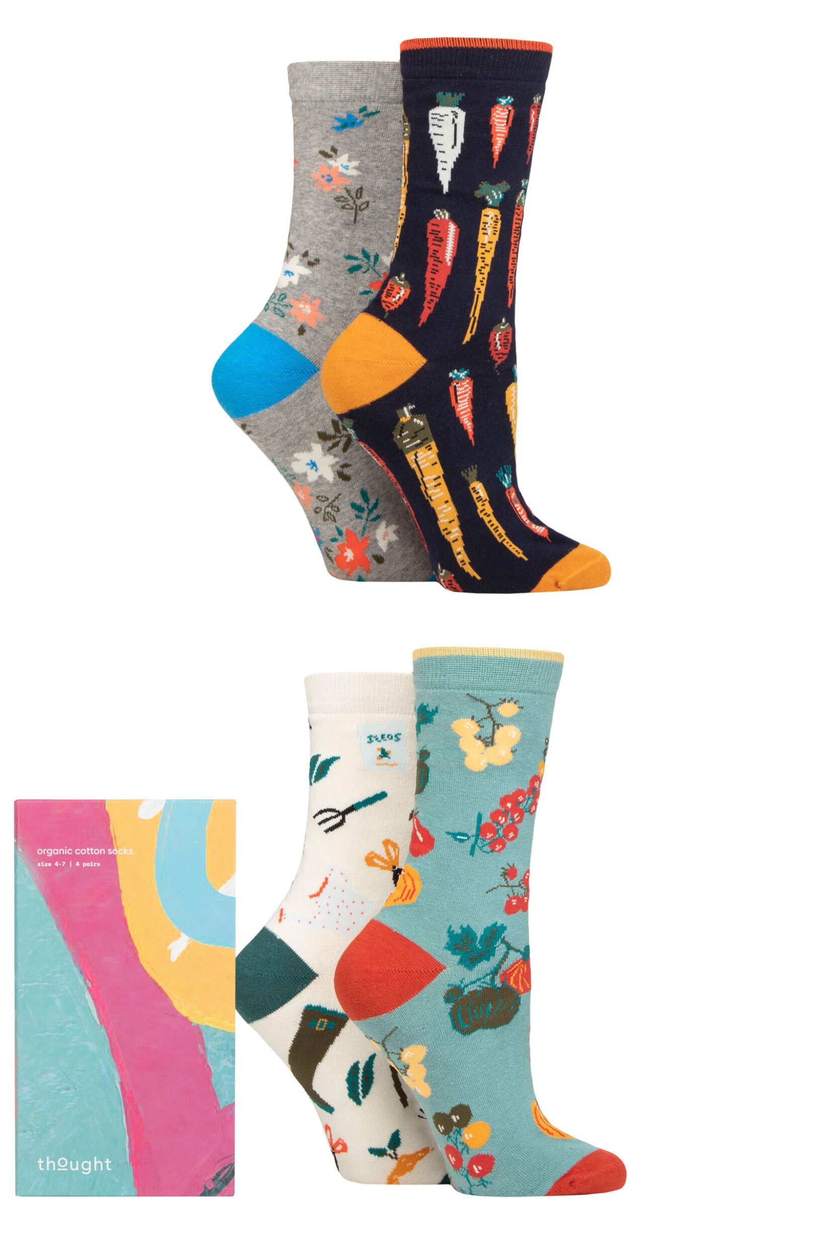 Women's 4 Pair Thought Organic Cotton Gardening Gift Boxed Socks Assorted 4-7 Ladies