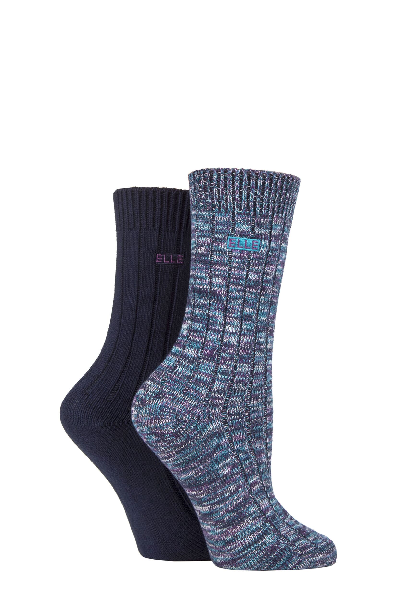 Women's 2 Pair Elle Chunky Cotton Ribbed Boot Socks Navy 4-8 Ladies