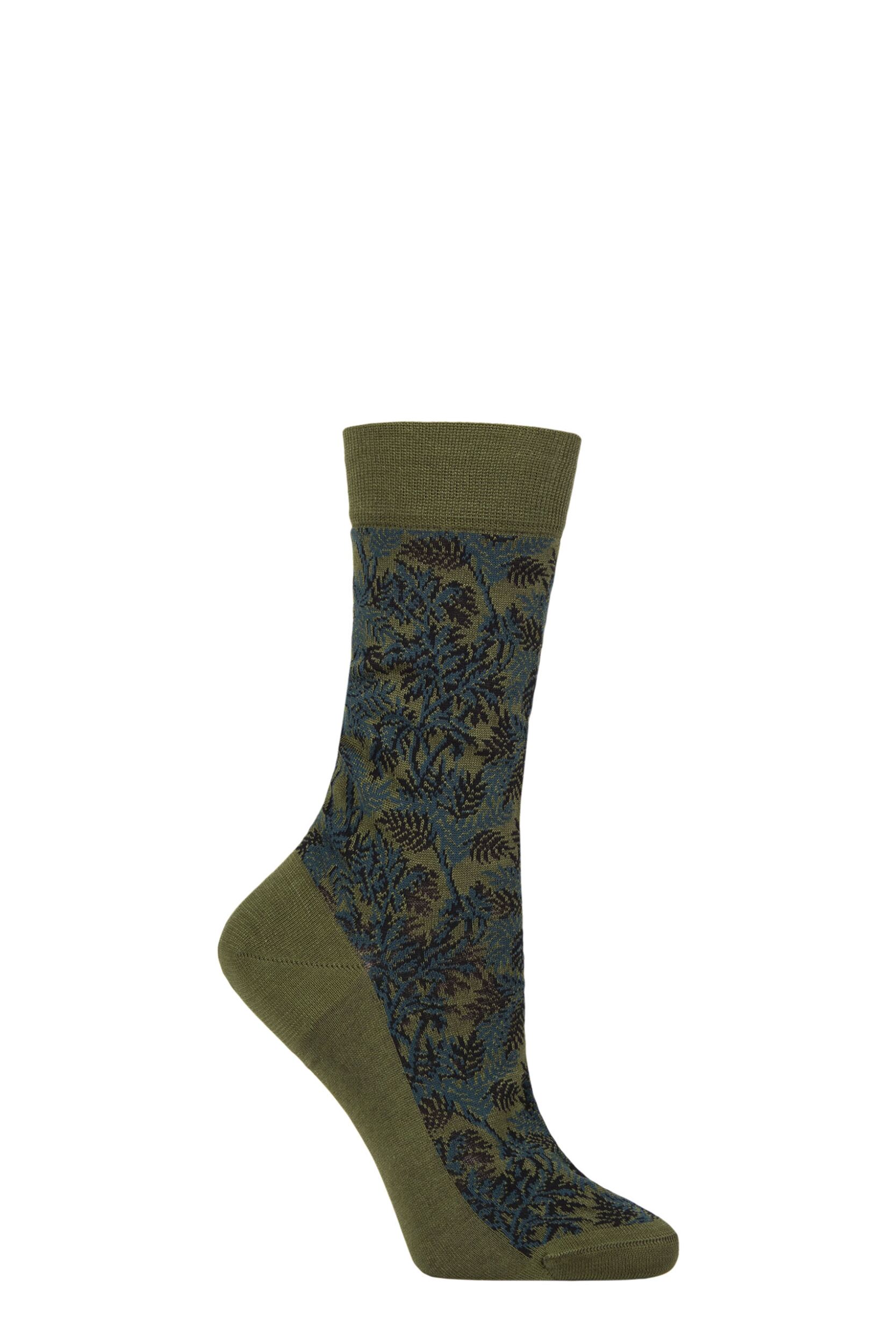 Image of Women's 1 Pair Pantherella x Sanderson Tapestry Trees Egyptian Cotton Socks Forest Green 4-7 Womens