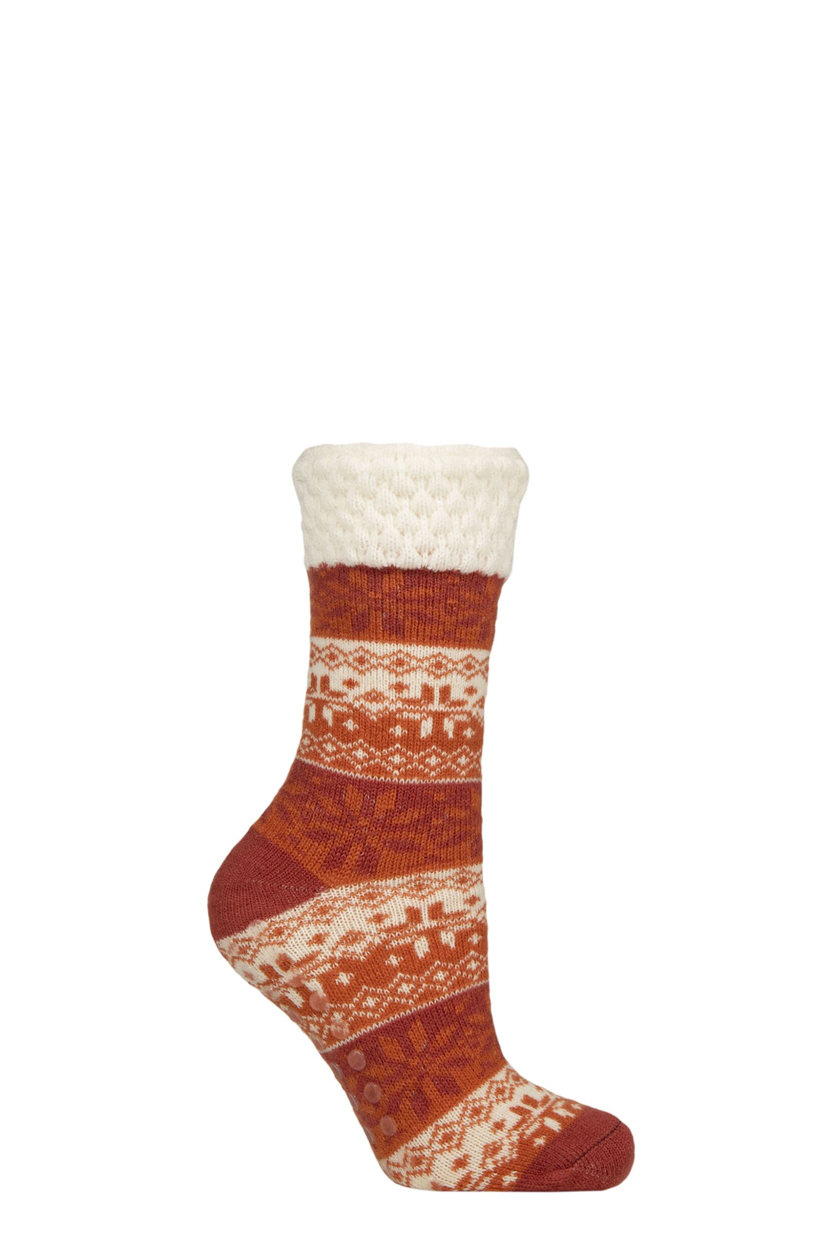 Image of Women's 1 Pair Elle Feather-Lined Fairisle Home Socks Wild Poppy 4-8