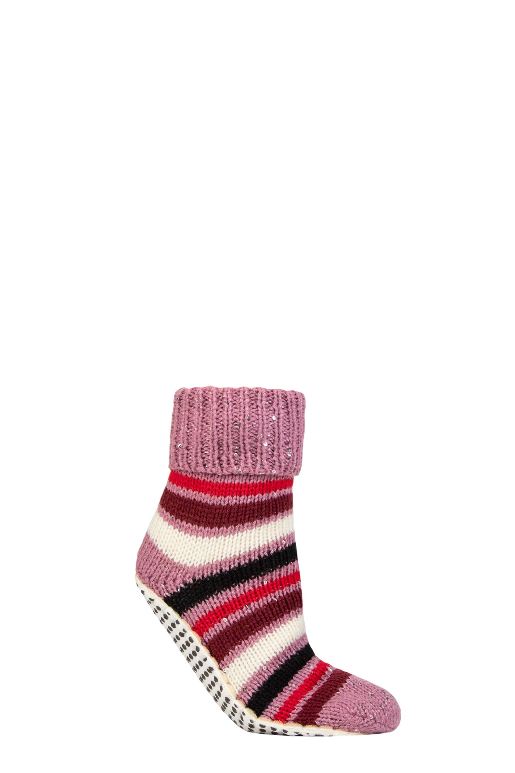 Women's 1 Pair Elle Chunky Fair Isle and Striped Moccasin Grip Socks Smokey Pink Stripe 4-8