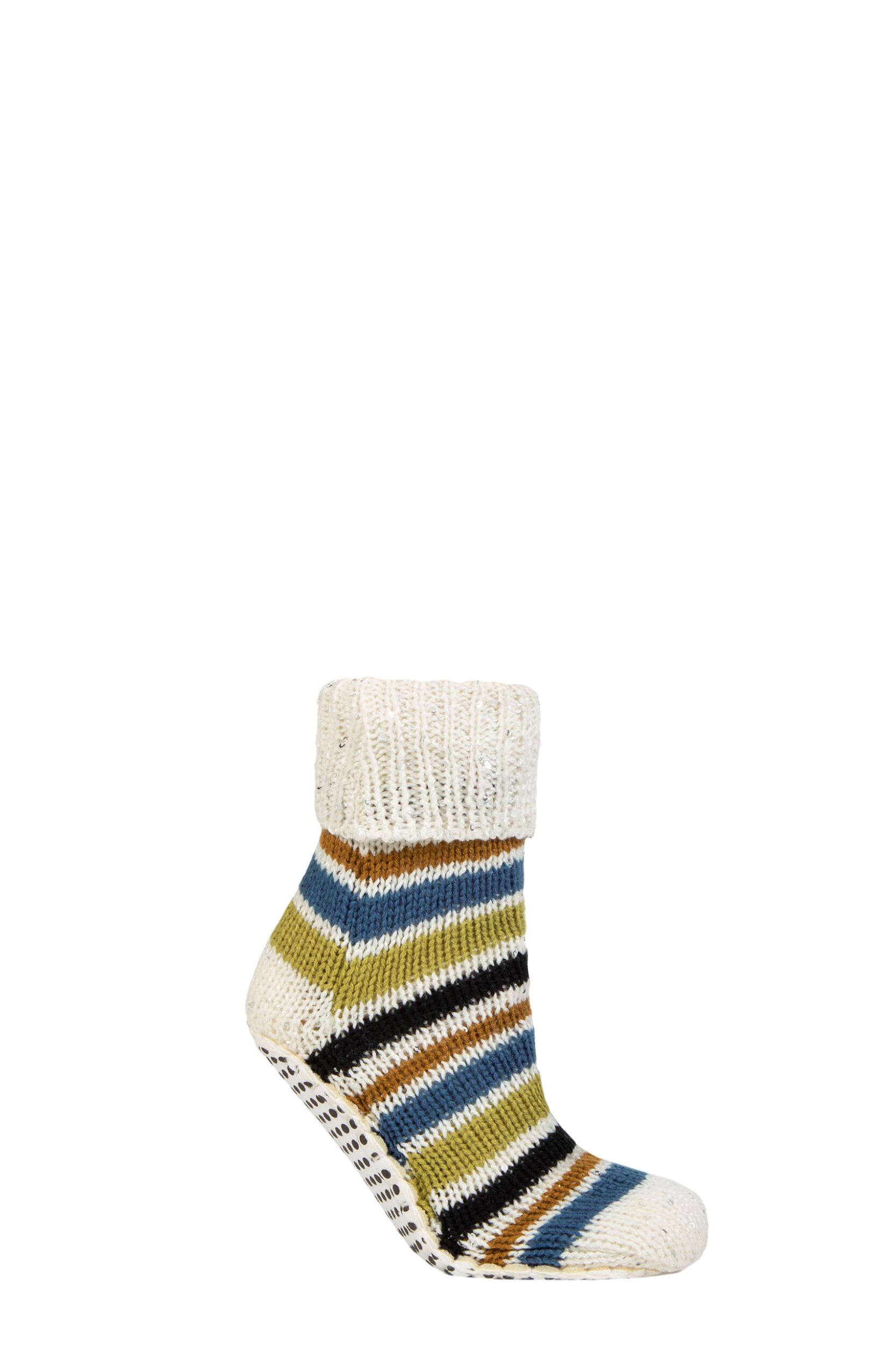 Women's 1 Pair Elle Chunky Fair Isle and Striped Moccasin Grip Socks Autumn Apple Stripe 4-8
