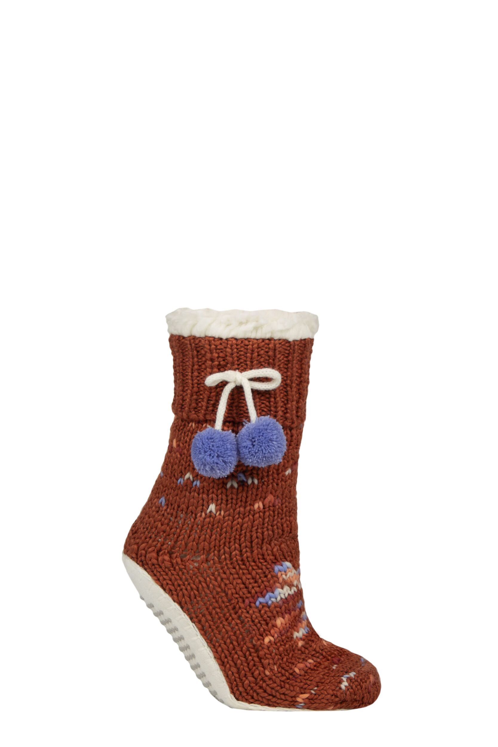 Women's 1 Pair Elle Chunky Sherpa Lined Cosy Moccasin Socks with Pom Pom Coral Blaze 4-8