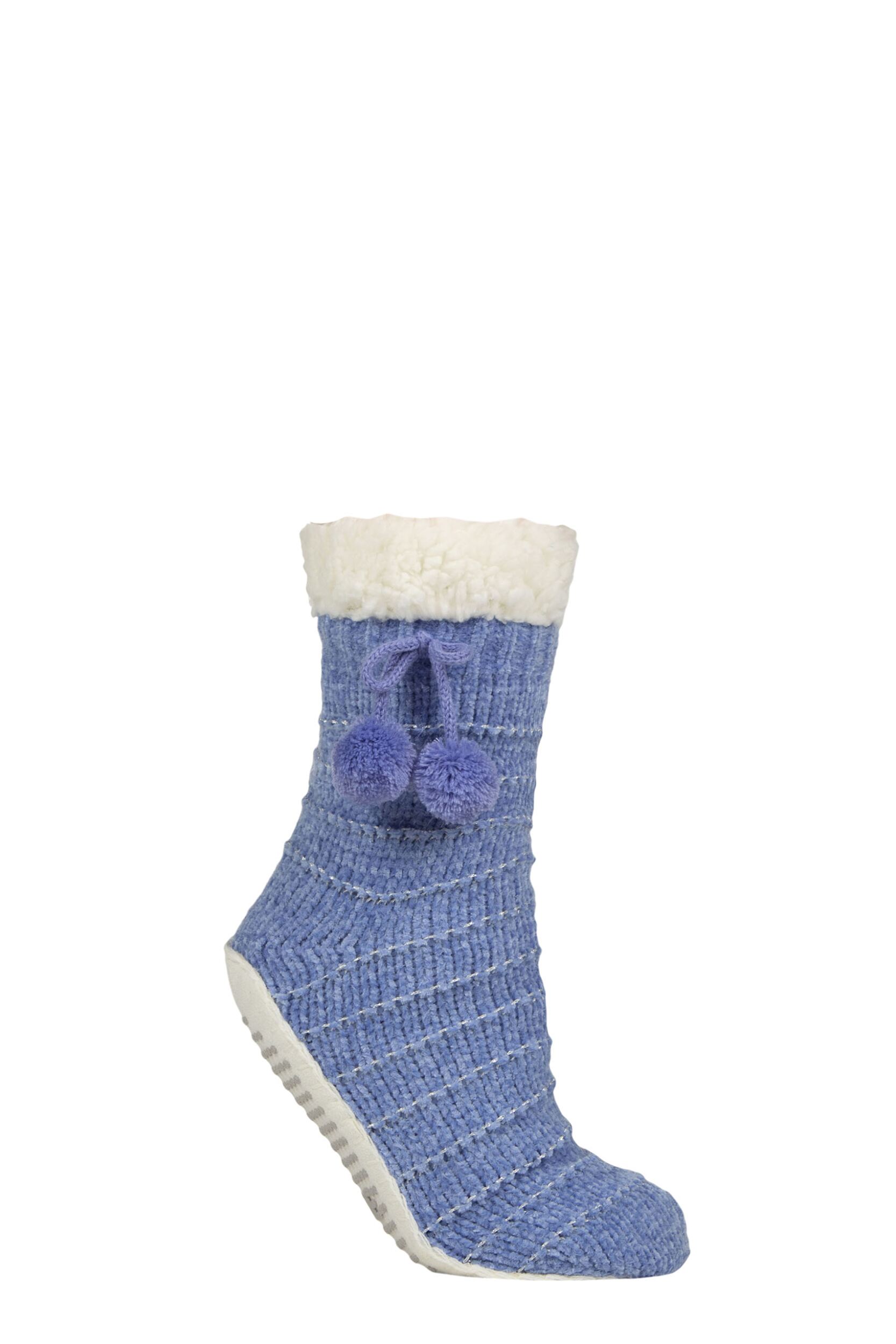 Women's 1 Pair Elle Chenille Slipper Socks with Moccasin Sole Powder Blue 4-8
