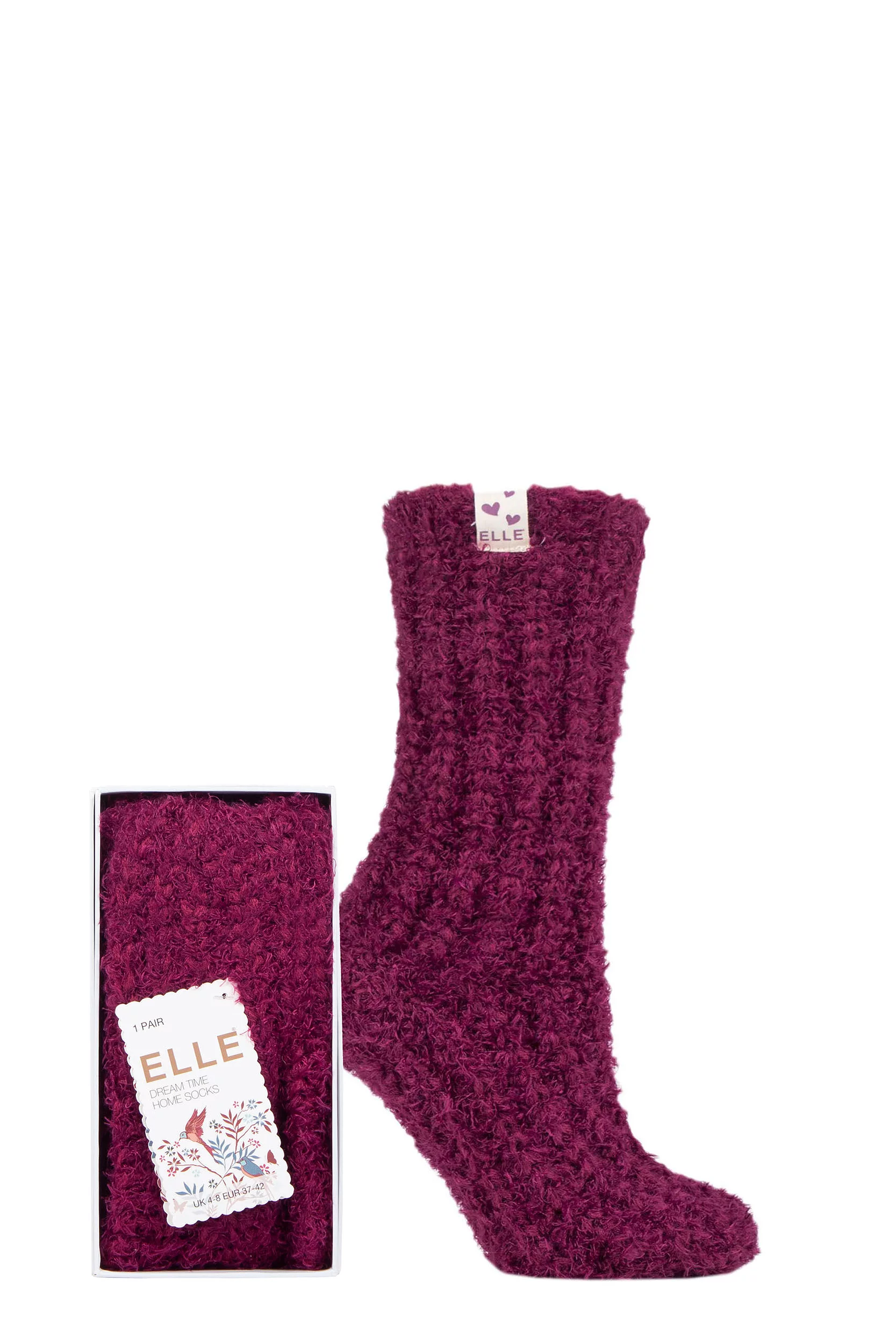 Ladies 1 Pair Elle Feather Slipper Gift Boxed Socks Winter Berry 4-8 Ladies
