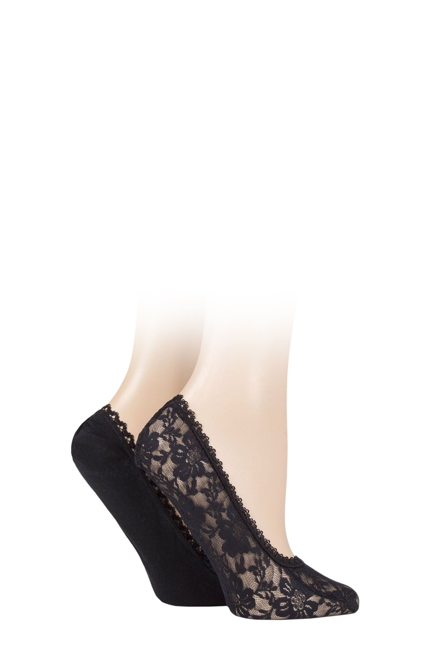 Women's 2 Pair Elle Lace and Wrapover Shoe Liners Black 4-8 Ladies