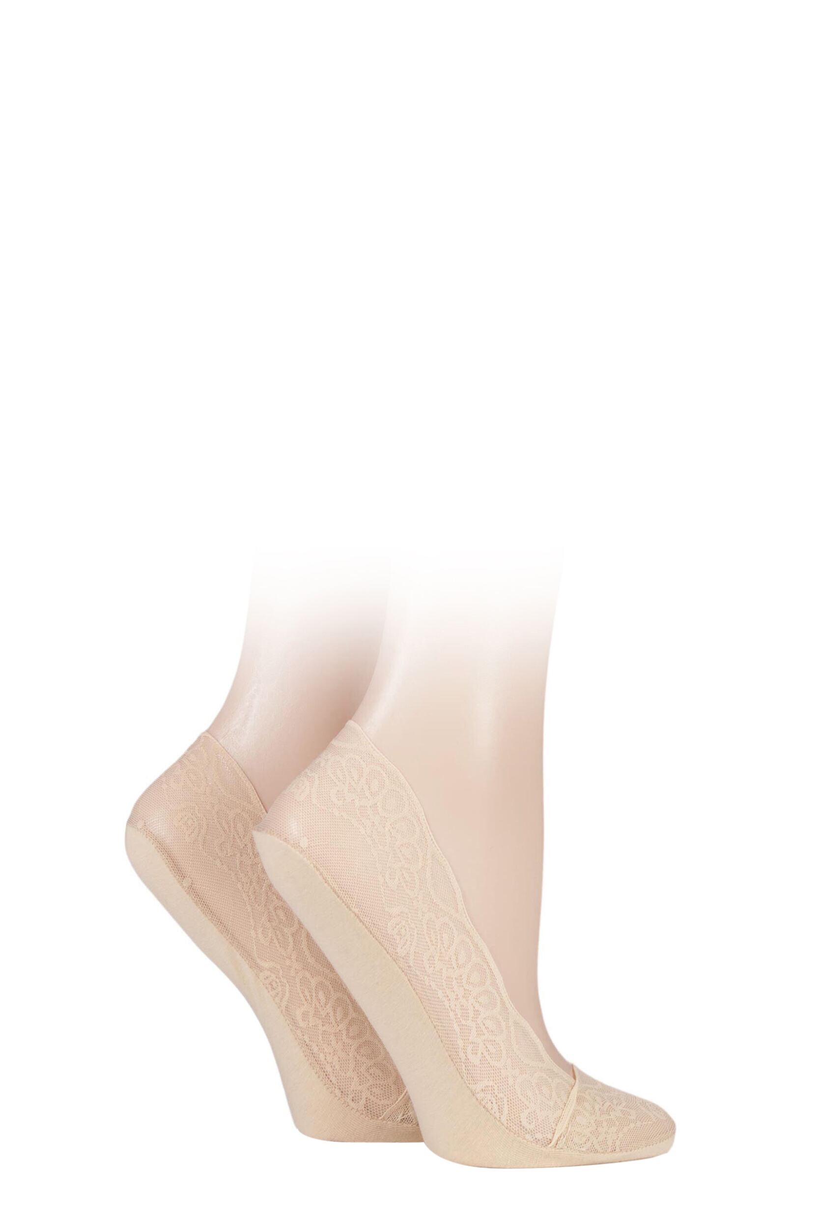 2 Pair Natural Lace Shoe Liner Socks with Grip Ladies 4-8 Ladies - Elle
