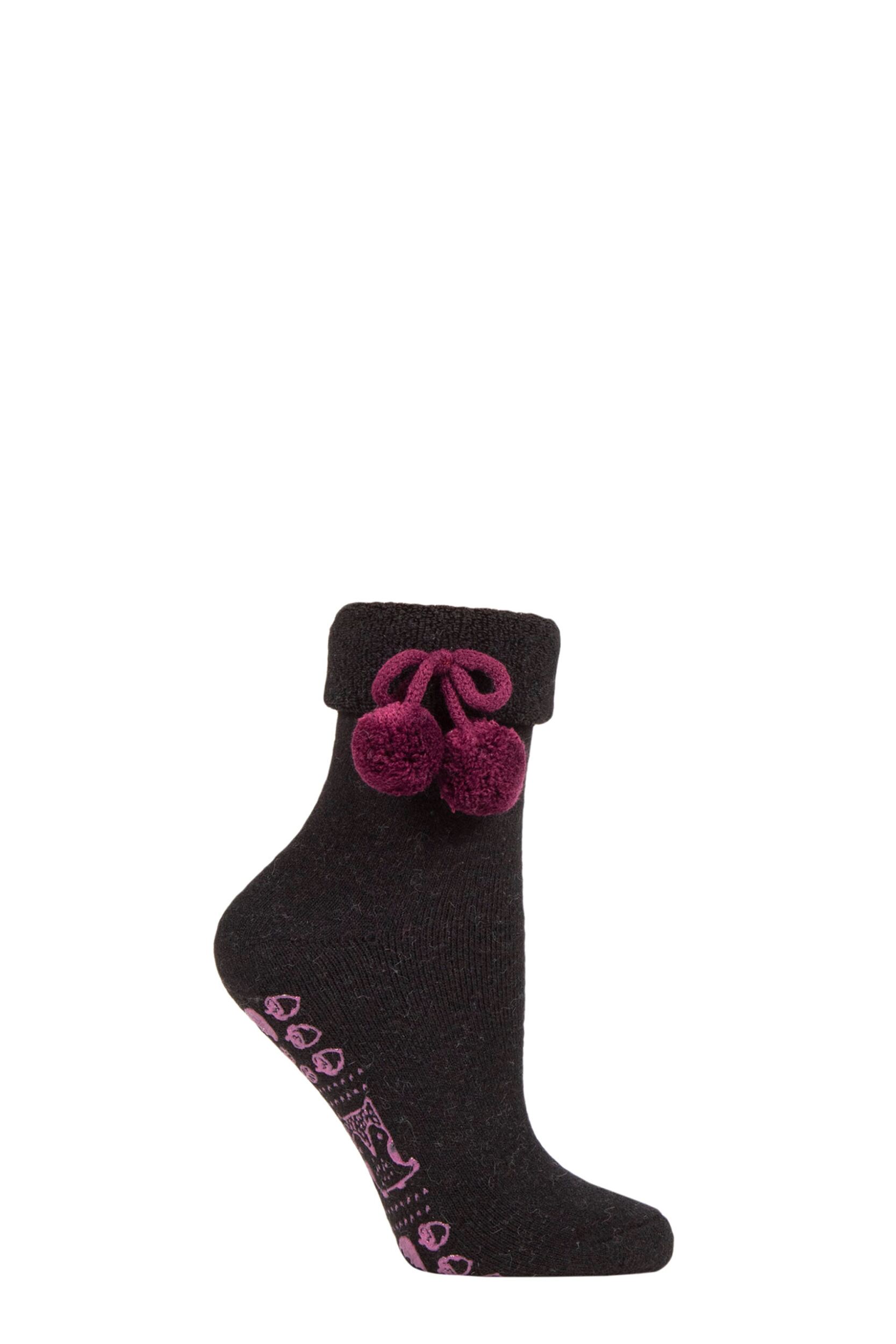 Women's 1 Pair Elle Wool Mix Slipper Socks with Pompoms Black /  Purples 4-8 Ladies