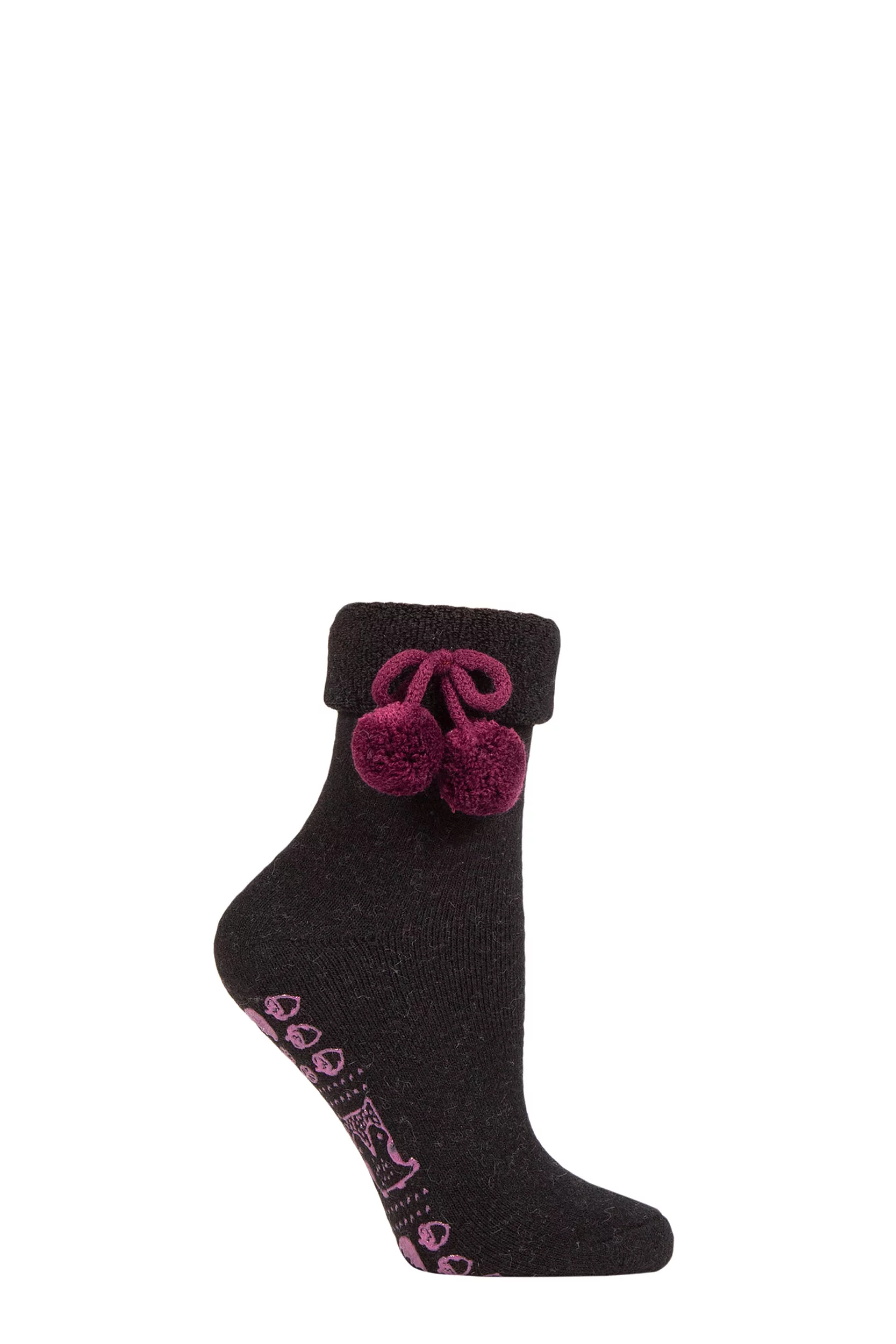 Women's 1 Pair Elle Wool Mix Slipper Socks with Pompoms Black / Purples 4-8 Ladies