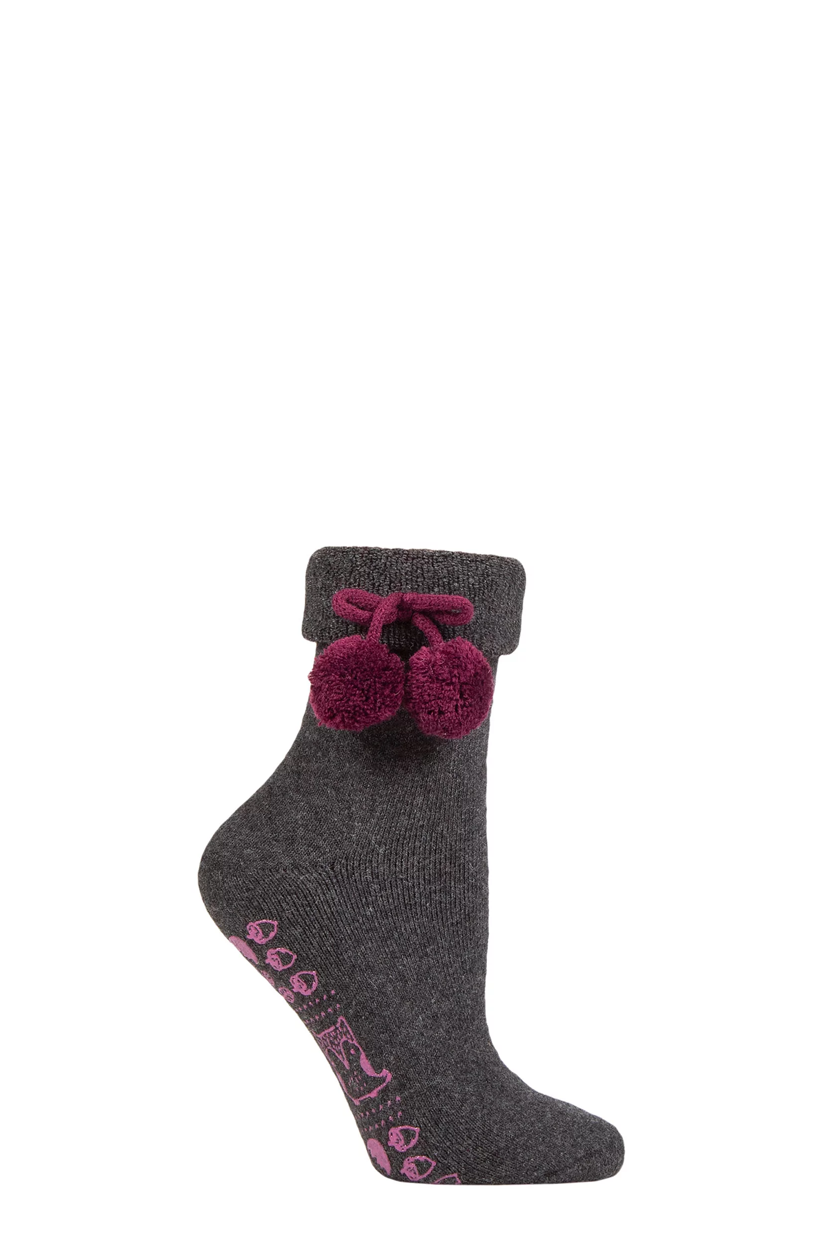 Women's 1 Pair Elle Wool Mix Slipper Socks with Pompoms Charcoal / Purple 4-8 Ladies