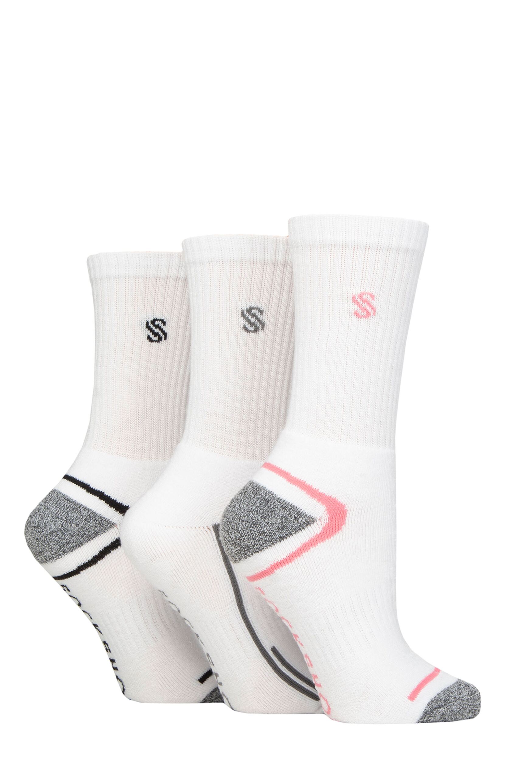 Women's 3 Pair SOCKSHOP Performance Sport Cushioned Crew Socks White 4-8