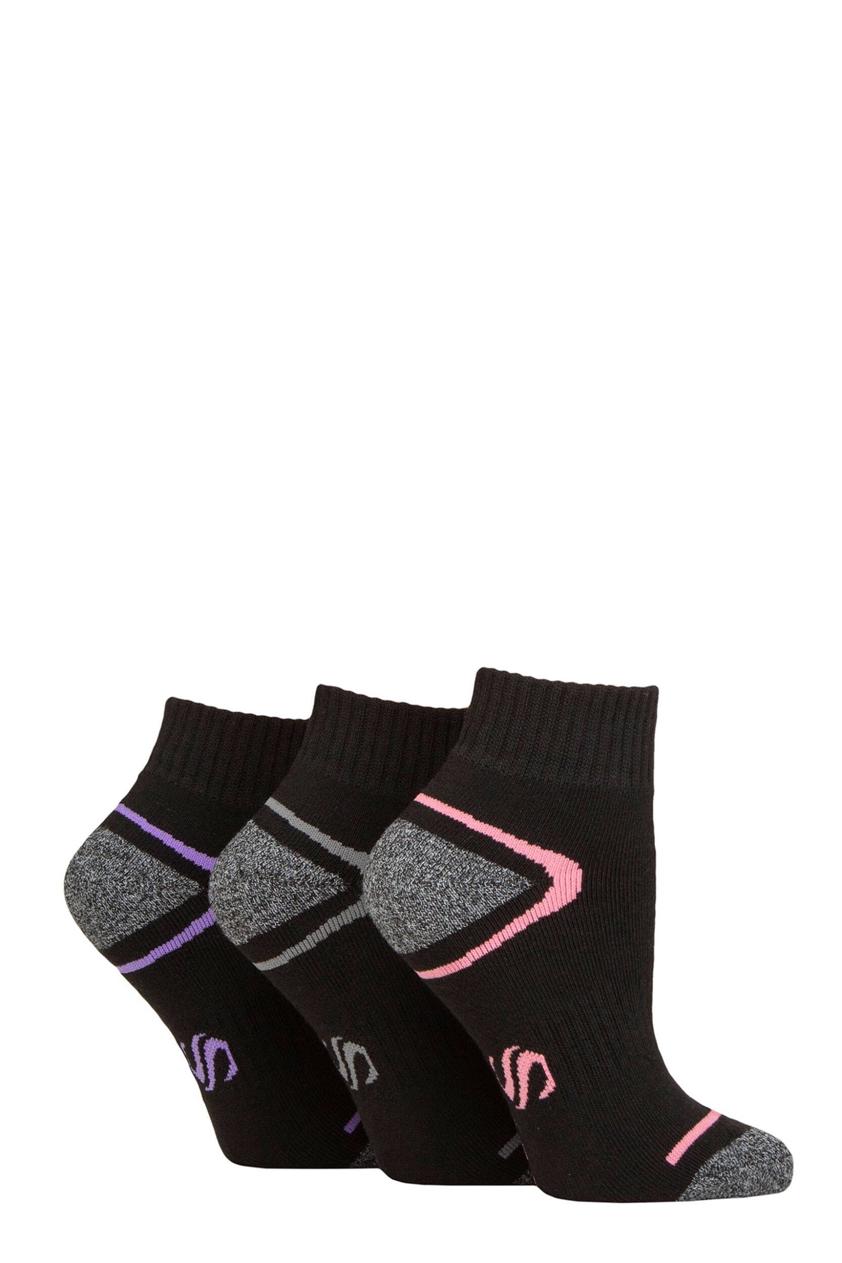 Women's 3 Pair SOCKSHOP Performance Sport Cushioned Ankle Socks Black 4-8