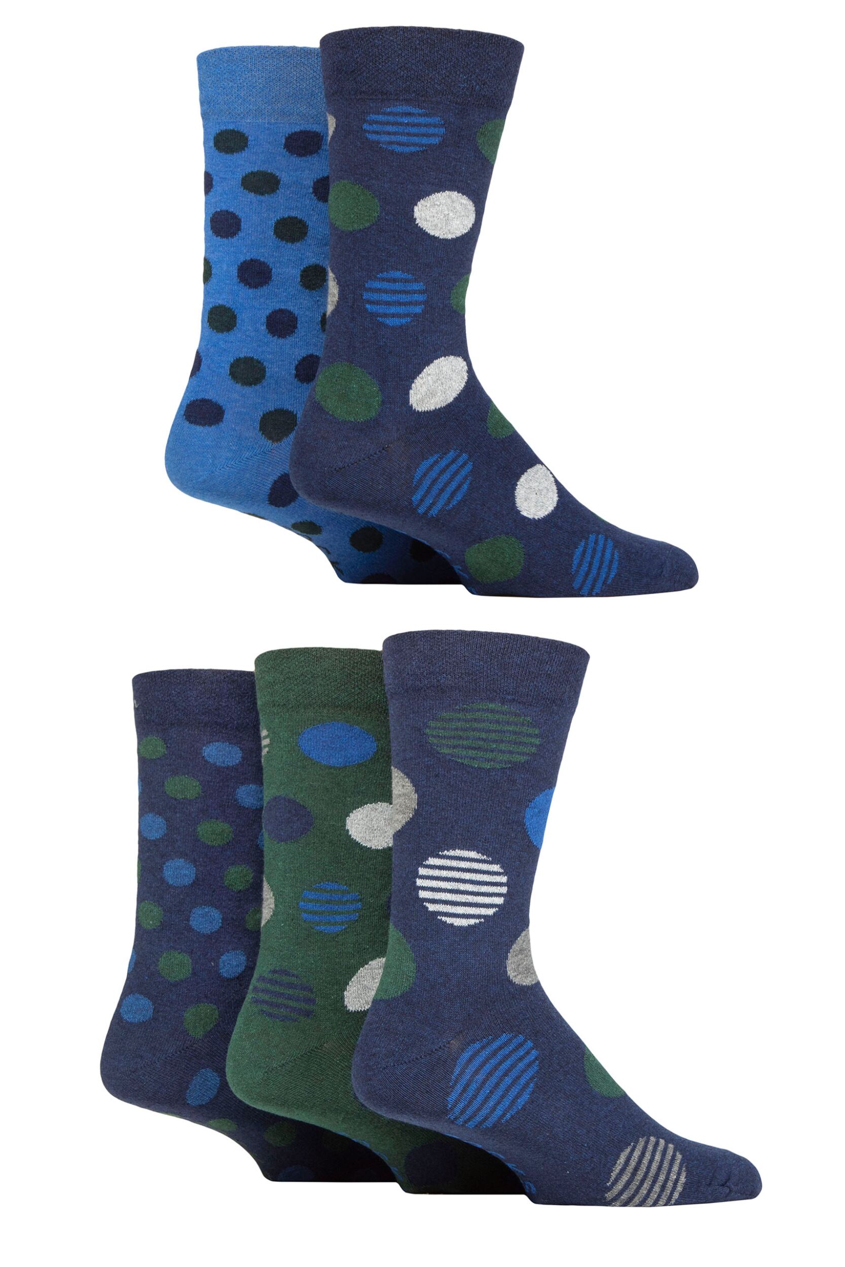 Mens 5 Pair SOCKSHOP Plain and Patterned Cotton Socks with Gentle Grip Tops Navy / Green Spot 7-11 Mens