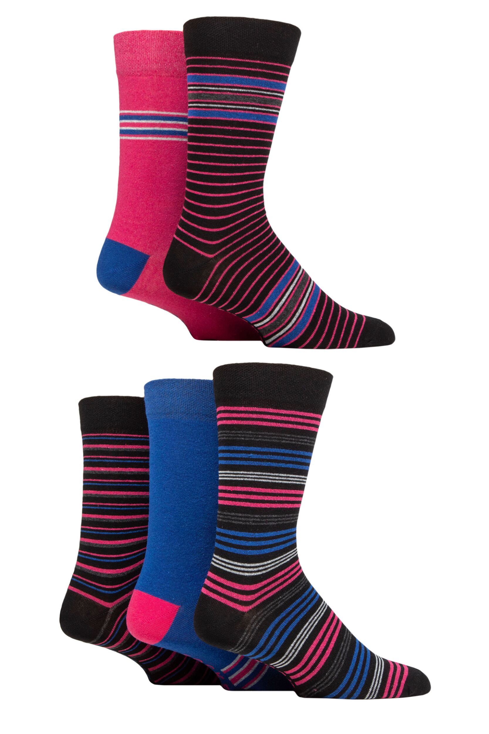 Image of Mens 5 Pair SOCKSHOP Plain and Patterned Cotton Socks with Gentle Grip Tops Black / Blue Stripe 7-11 Mens