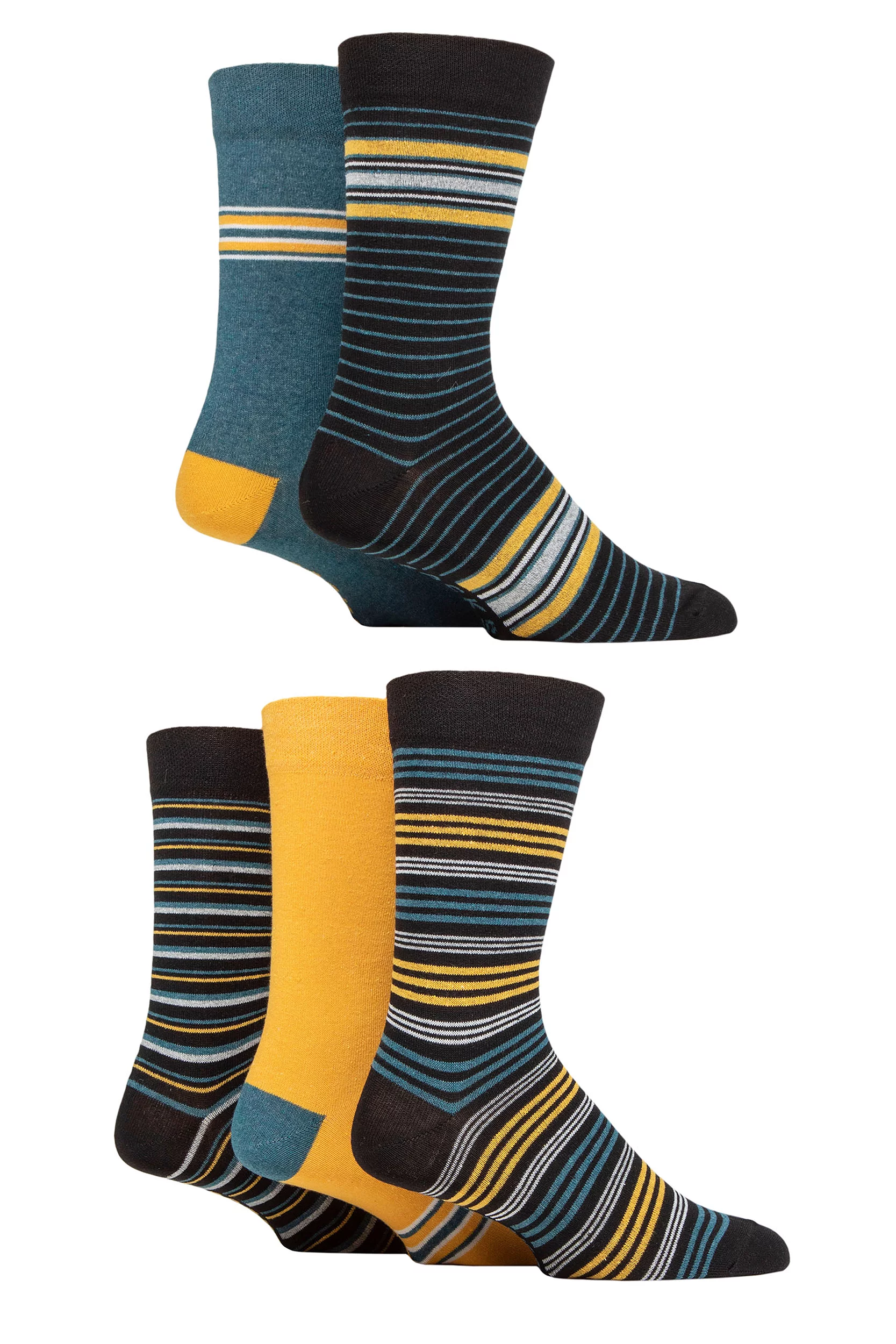 Mens 5 Pair SOCKSHOP Plain and Patterned Cotton Socks with Gentle Grip Tops Black / Gold Stripe 7-11 Mens