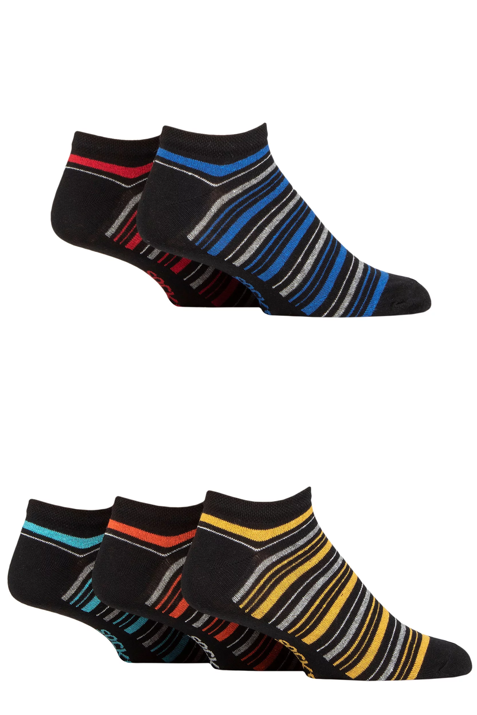 Mens 5 Pair SOCKSHOP Plain Regenerated Eco-Cotton Striped Trainer Socks Black Stripe 7