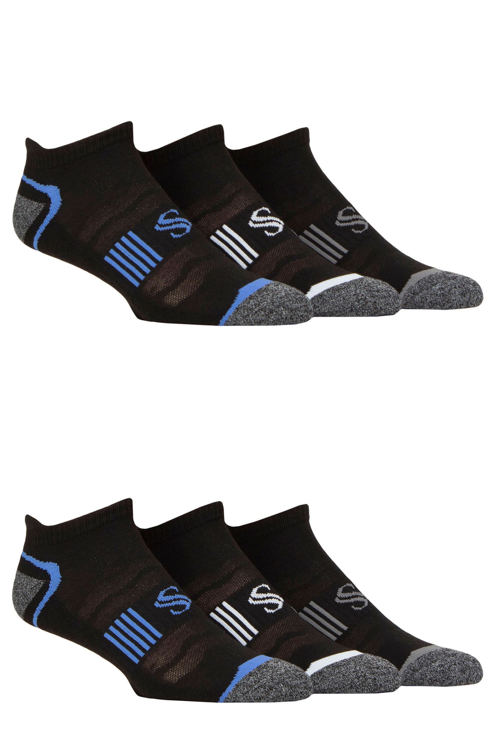 Mens 6 Pair SOCKSHOP Performance Sport Tech Half Cushioned Trainer Socks Black 7-11 Mens