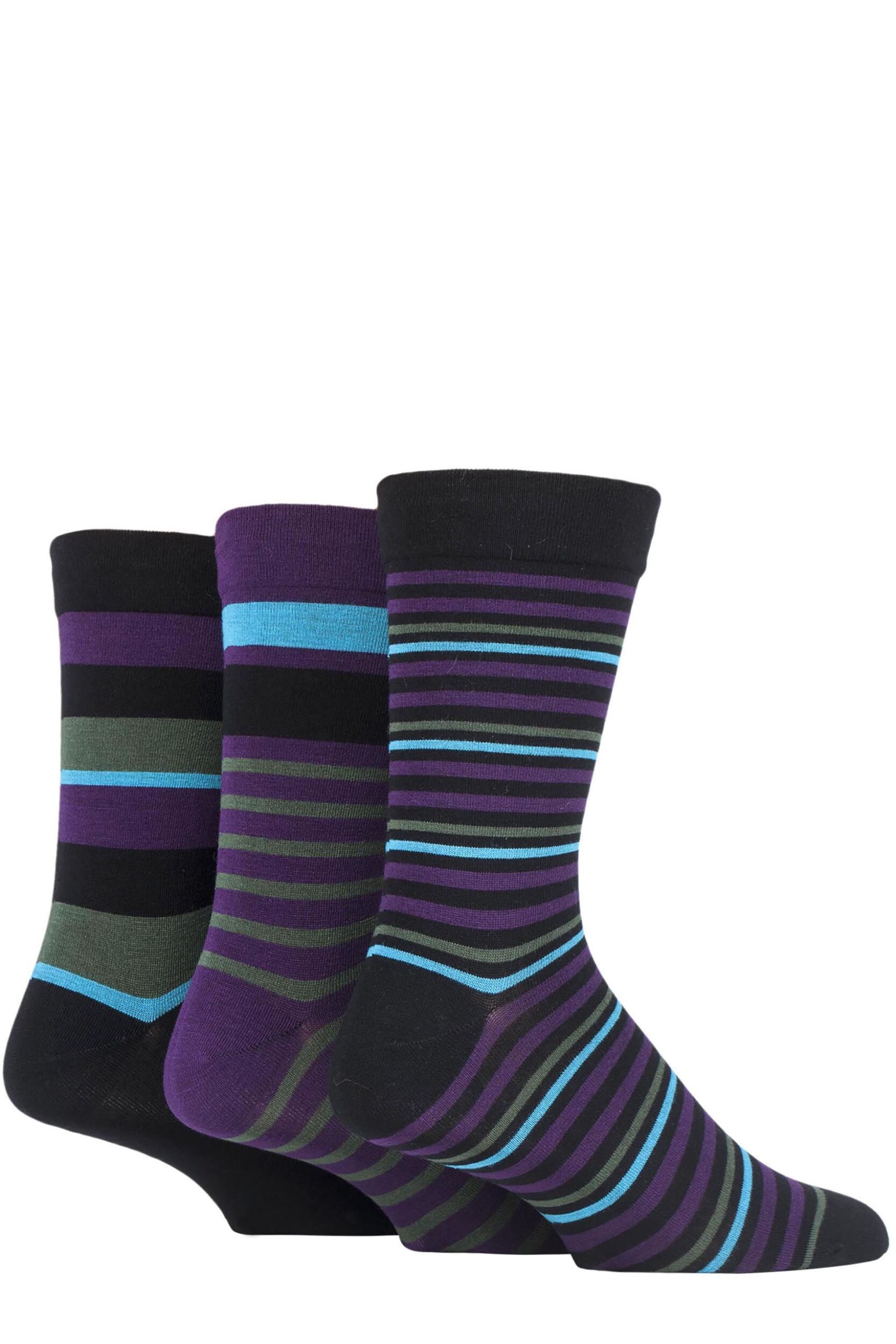 Image of 3 Pair Black Comfort Cuff Gentle Bamboo Striped and Plain Socks with Smooth Toe Seams Mens