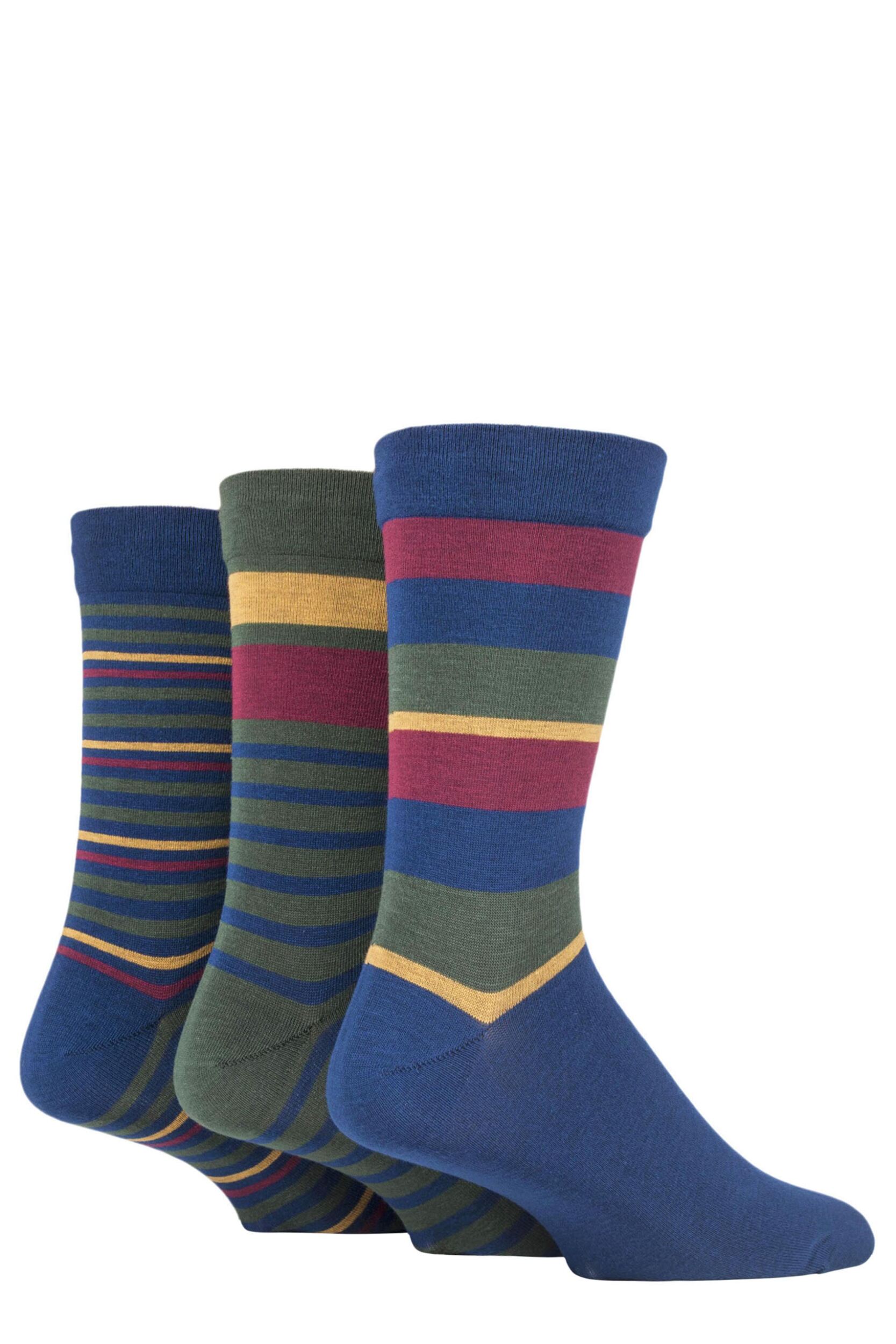 Image of 3 Pair Cedar Comfort Cuff Gentle Bamboo Striped and Plain Socks with Smooth Toe Seams Mens