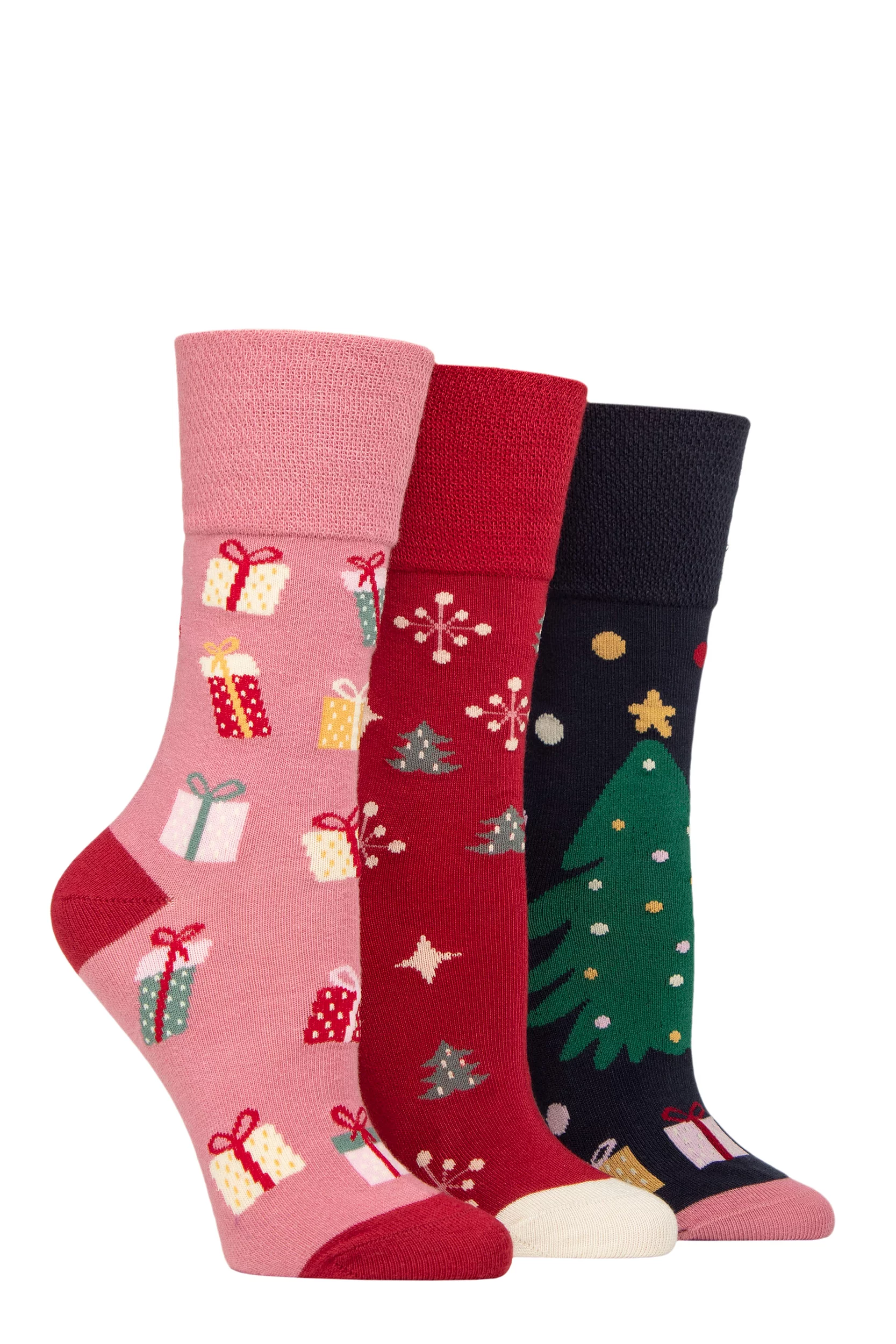 Women's 3 Pair SOCKSHOP Gentle Grip Bamboo Christmas Socks Snowflake / Present / Tree 4