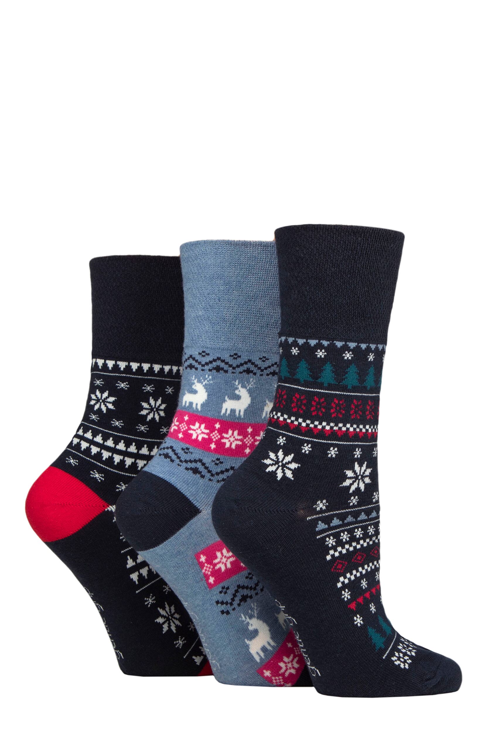 Women's 3 Pair SOCKSHOP Gentle Grip Cotton Christmas Socks Light Blue / Navy 4-8