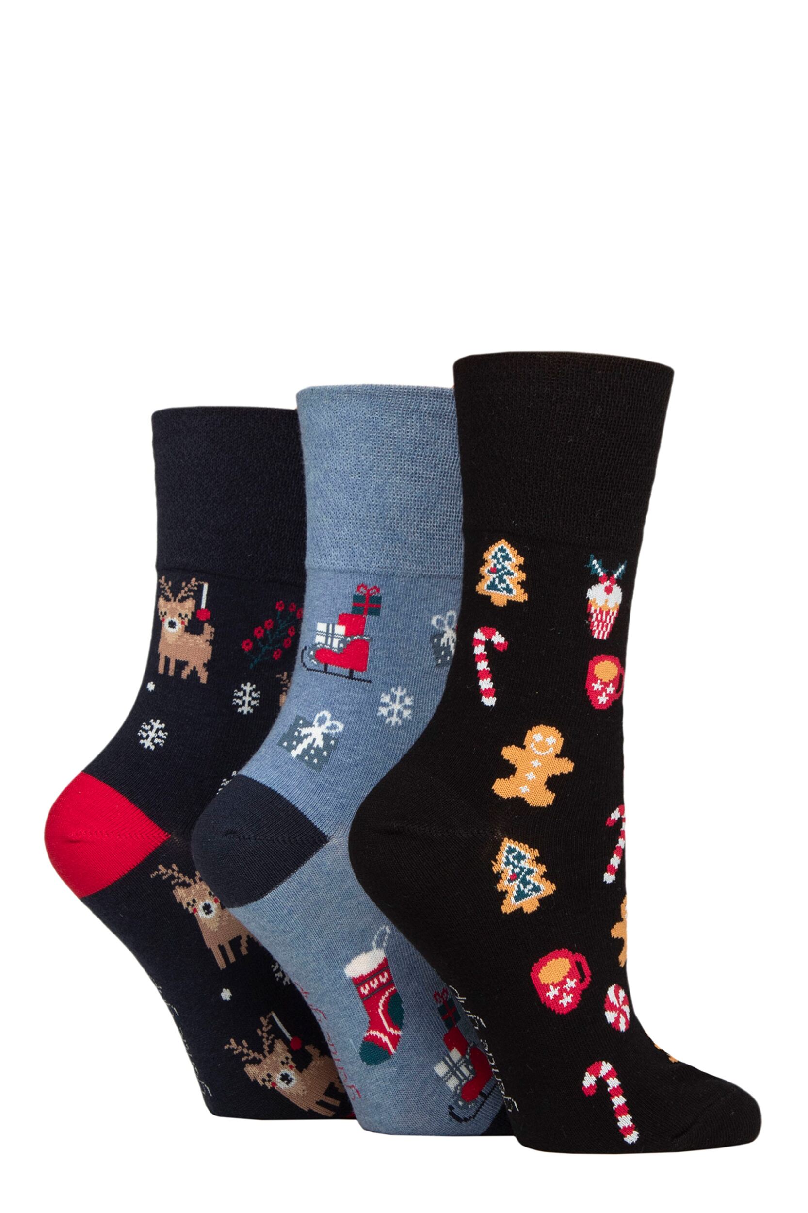 Women's 3 Pair SOCKSHOP Gentle Grip Cotton Christmas Socks Navy / Black 4-8