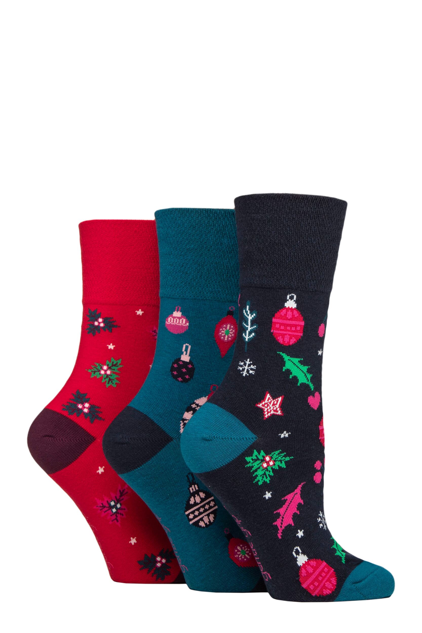 Image of Women's 3 Pair SOCKSHOP Gentle Grip Cotton Christmas Socks Navy / Red 4-8