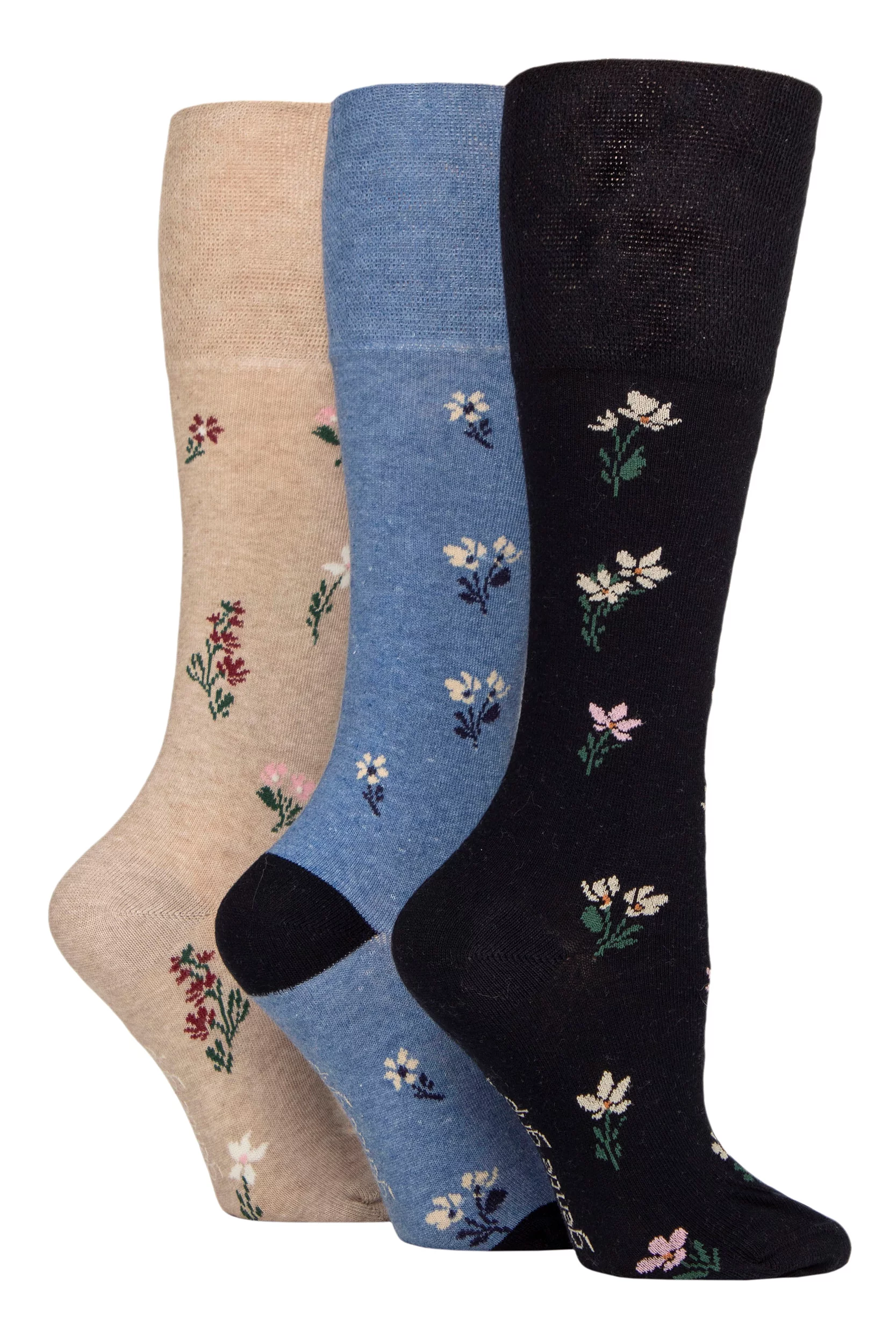 Women's 3 Pair SOCKSHOP Gentle Grip Plain and Patterned Cotton Knee High Socks Denim Floral 4