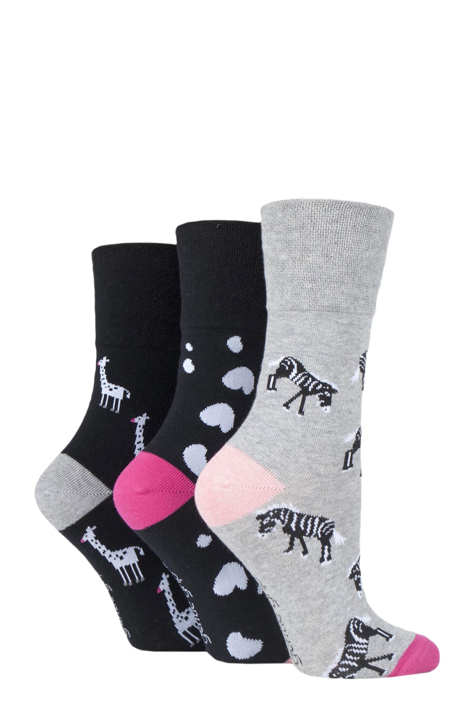 Women's 3 Pair Gentle Grip Fun Feet Socks Zebra Life 4-8 Ladies