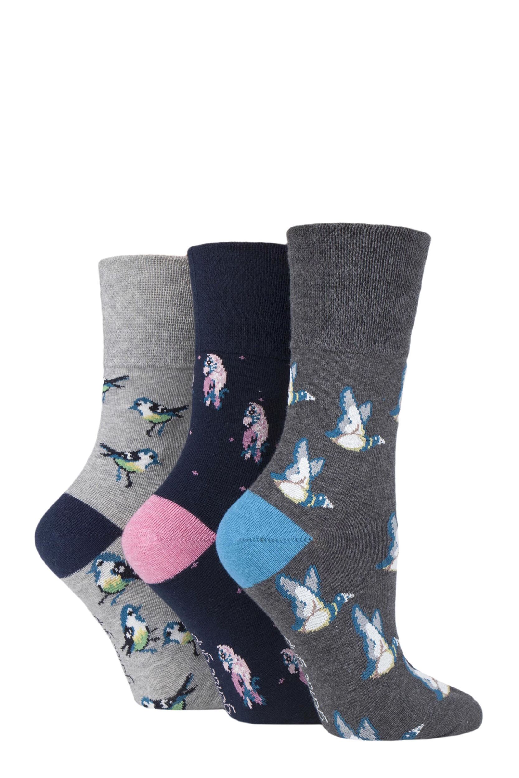 Women's 3 Pair Gentle Grip Fun Feet Socks Love Birds 4-8 Ladies