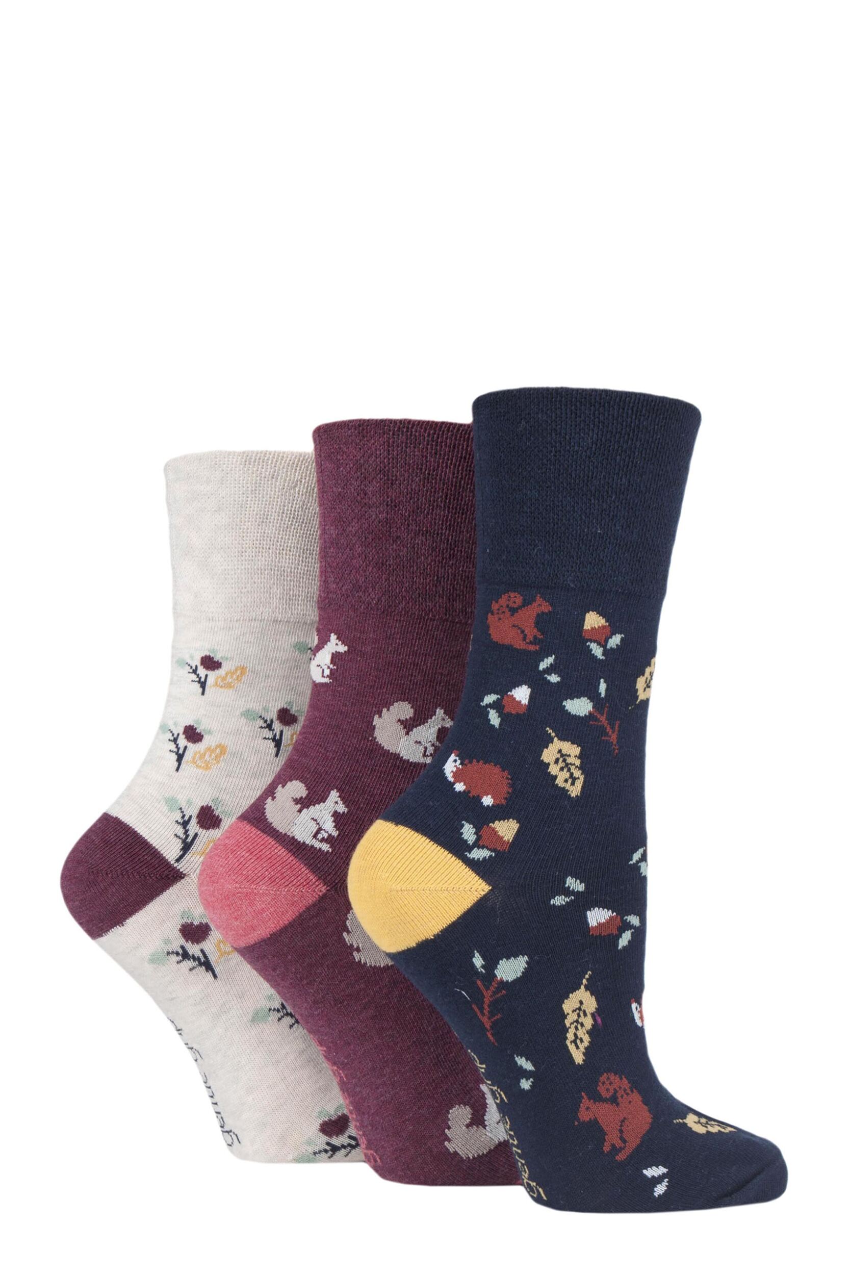 Women's 3 Pair Gentle Grip Fun Feet Socks Autumn Leaves 4-8 Ladies