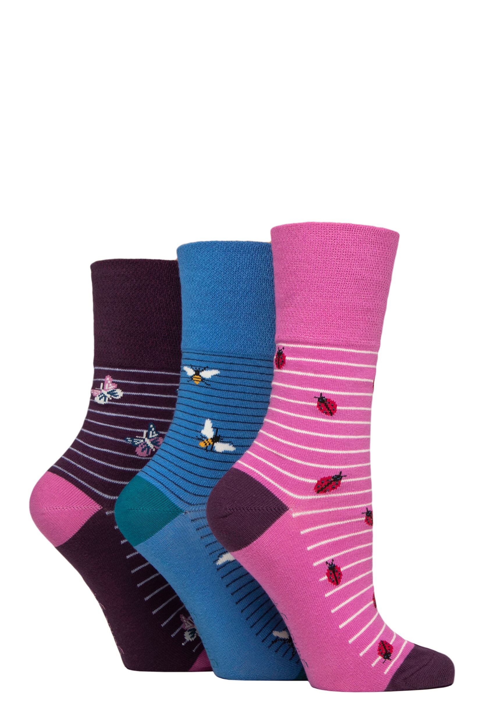 Women's 3 Pair Gentle Grip Fun Feet Socks Beautiful Bugs 4-8 Ladies