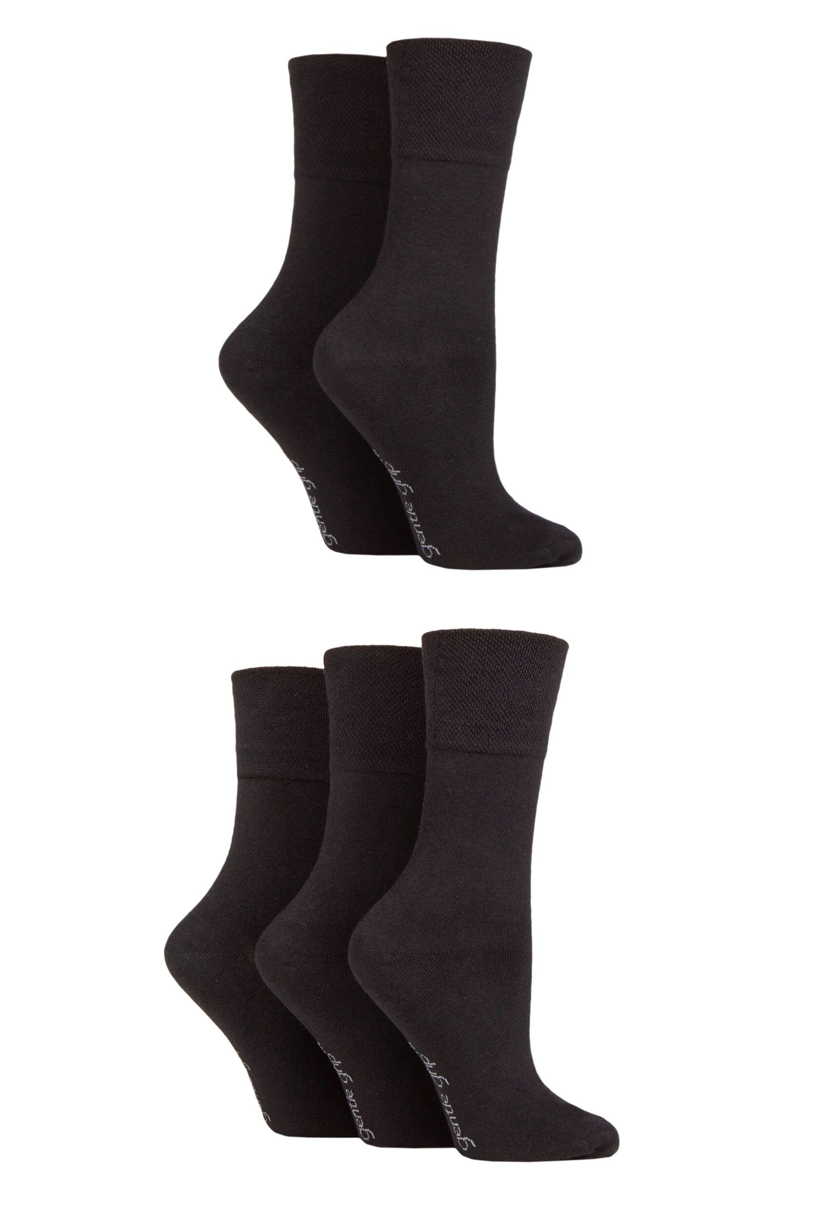 Women's 5 Pair Gentle Grip Cotton Plain Socks Black 4-8 Ladies